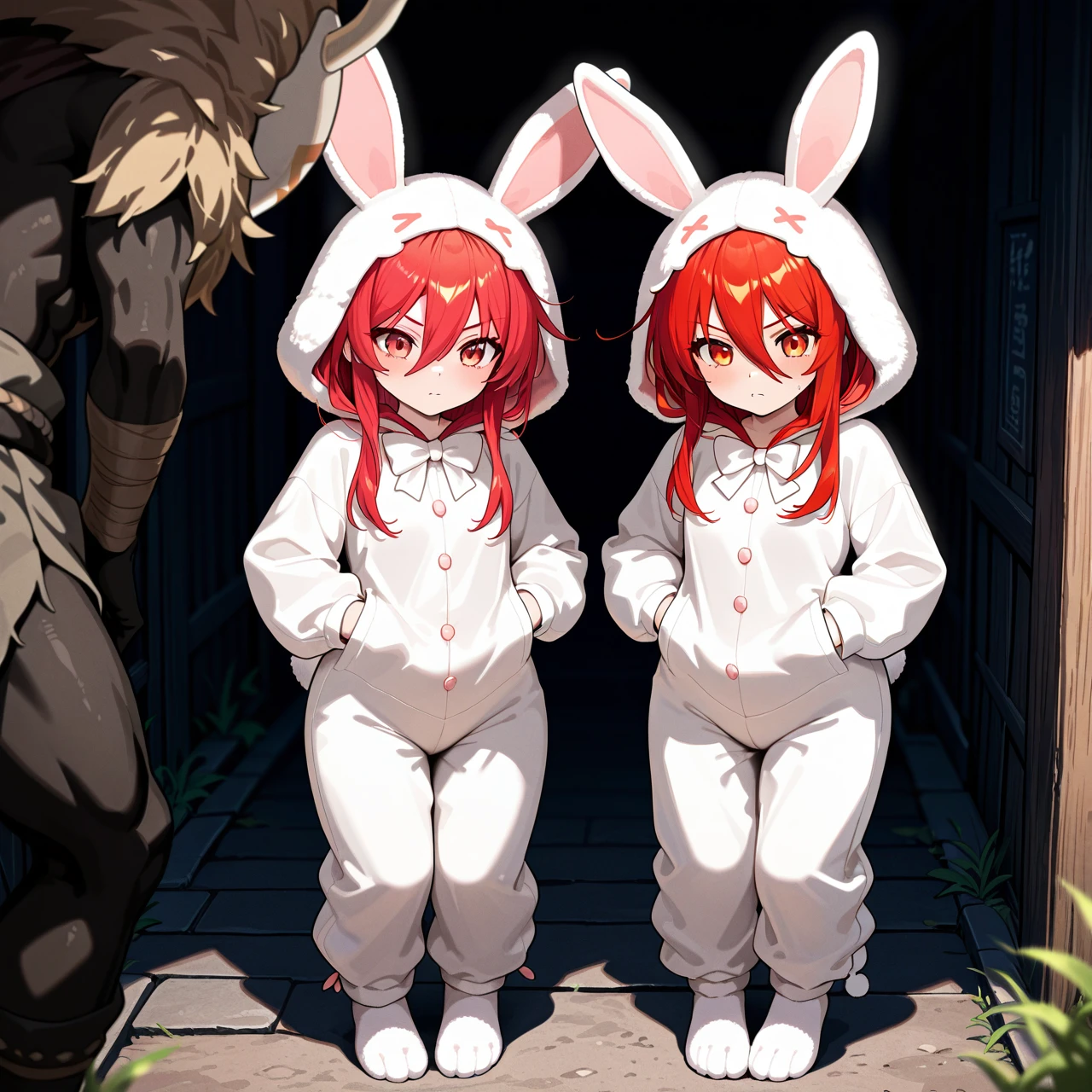 @shana, @hilichurl, (red_eyes), red hair, foot, rabbit costume, (prostitution) (double_anal) (triple_penetration)