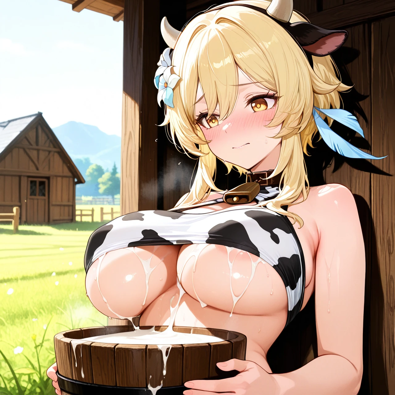 @lumine, Huge boobs, cow Underwear, Embarrassed face, (underboob), Cow ears, farm background, milk from her boobs Flows into the bucket in her hands