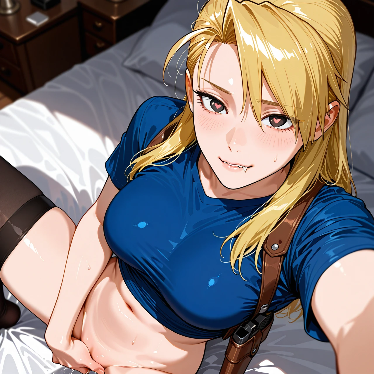 @riza_hawkeye , stockings , selfie from above with one hand   , on  bed , gun holster  , biting my lip , Half-open eyes , bellybutton , solo   ,  heart eyes , Slim waist , excited , fingering , spread legs , braided hair , female masturbation , raised T-shirt , bare breasts ,