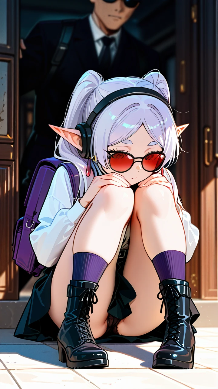 @frieren,1boy, a girl with a man headphones, jerking, intense_orgasm, arms,purple_backpack,knees_up, office_dress,white_socks,tennis_cap,Brazilian_girl,gothic_boots, slit_skirt,socks,red_sunglasses,lingerie,running_shoes, zelda