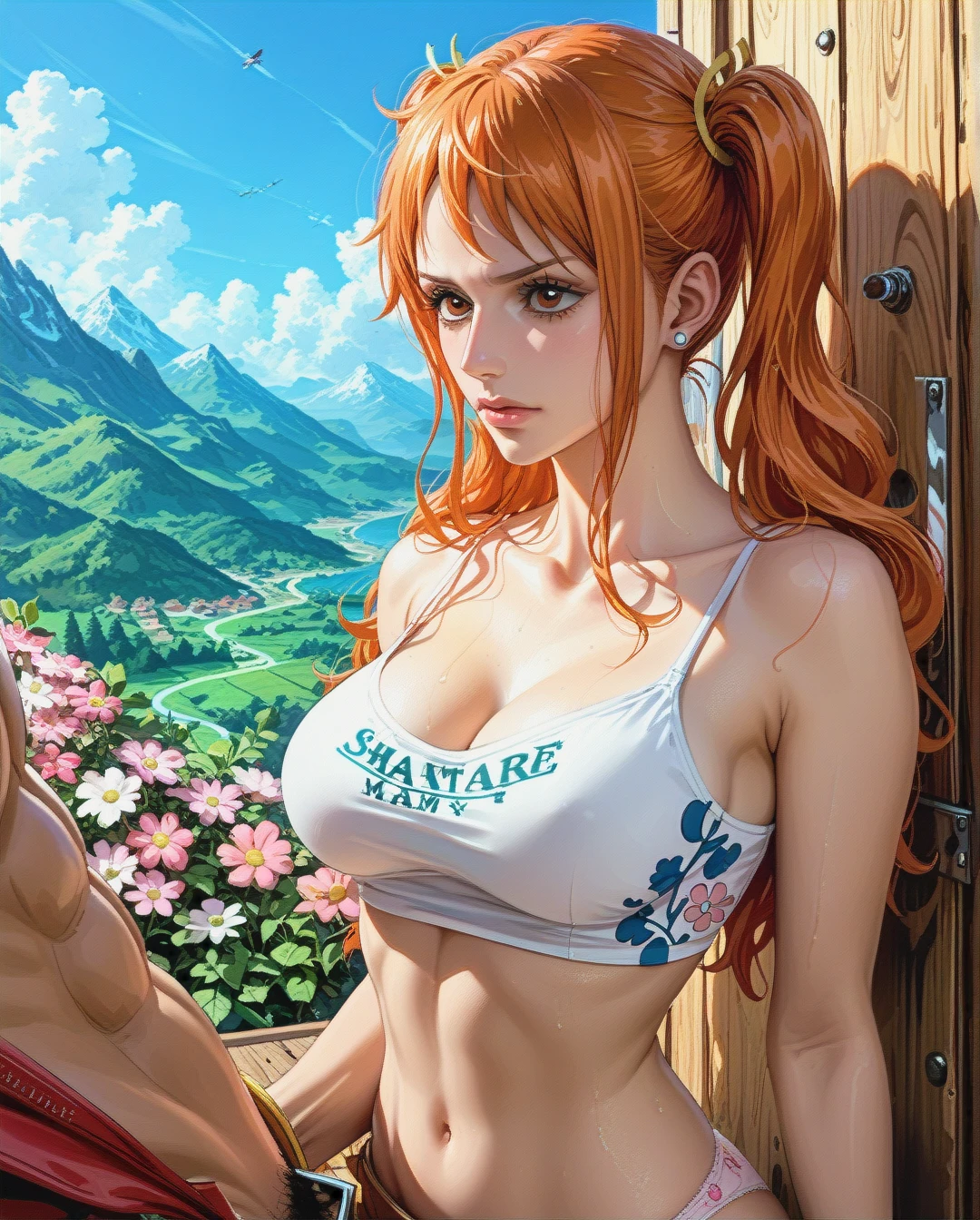 @nami, mature, attack on Titan, sex grabbing grabbed breast with Luffy, mountain,Face chest focus,High Real Realistic Realistic,twintails, medium breast,crop top white camisole pink floral, panties