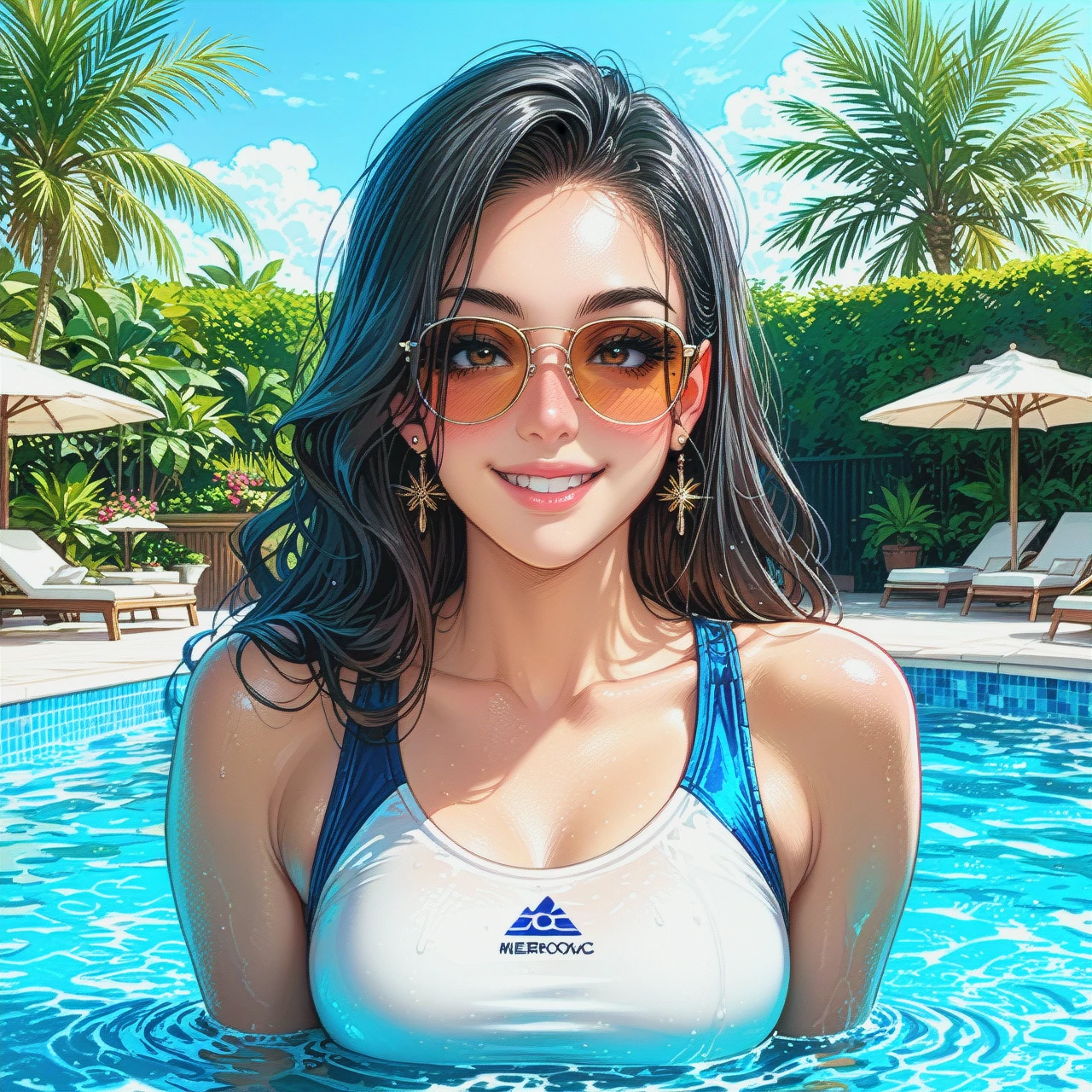 Pool, super cute slim latina one-piece swimsuit nose blush smile sunglasses long beautiful black hair