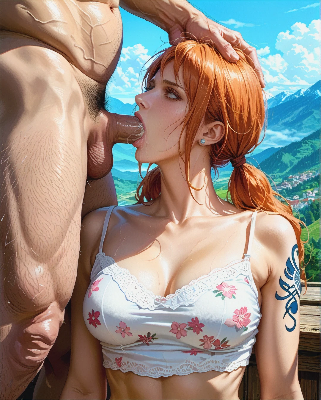 Nami, mature, attack on Titan, grabbing grabbed (deepthroat) with oldman, mountain,High Real Realistic Realistic,twintails, medium breast,crop top white camisole pink floral, panties