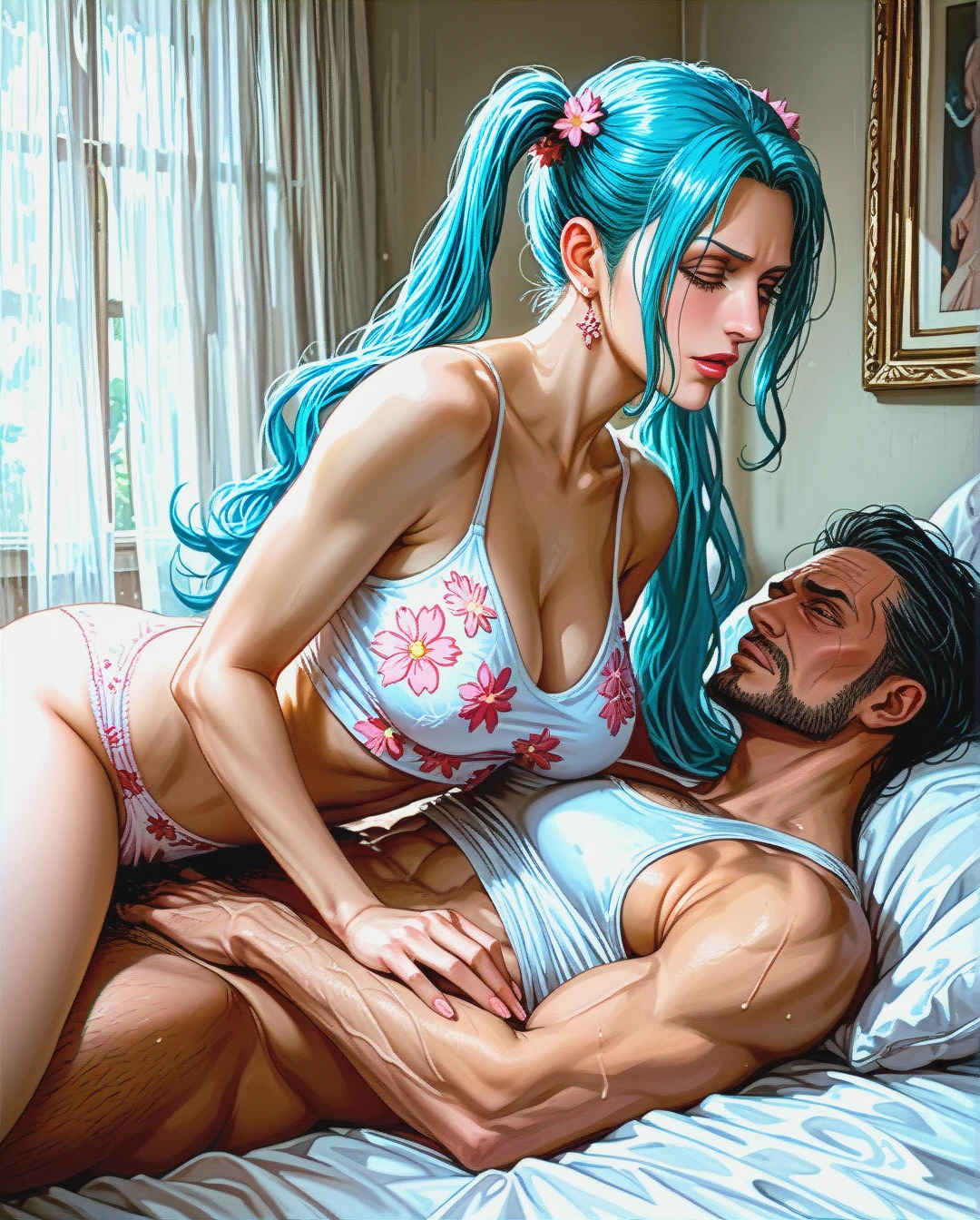 @nefertari_vivi, mature, attack on Titan,  sex sex with oldman, on bed,High Real Realistic Realistic,twintails, medium breast,crop top white camisole pink floral, panties