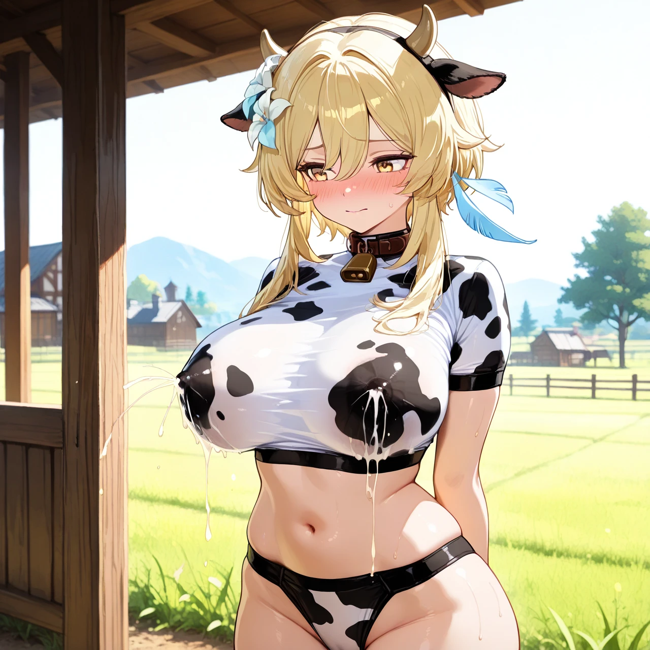 @lumine, Huge boobs, cow Underwear, Embarrassed face, (covered_nipples), Cow ears, farm background,  (lactation_through_clothes)