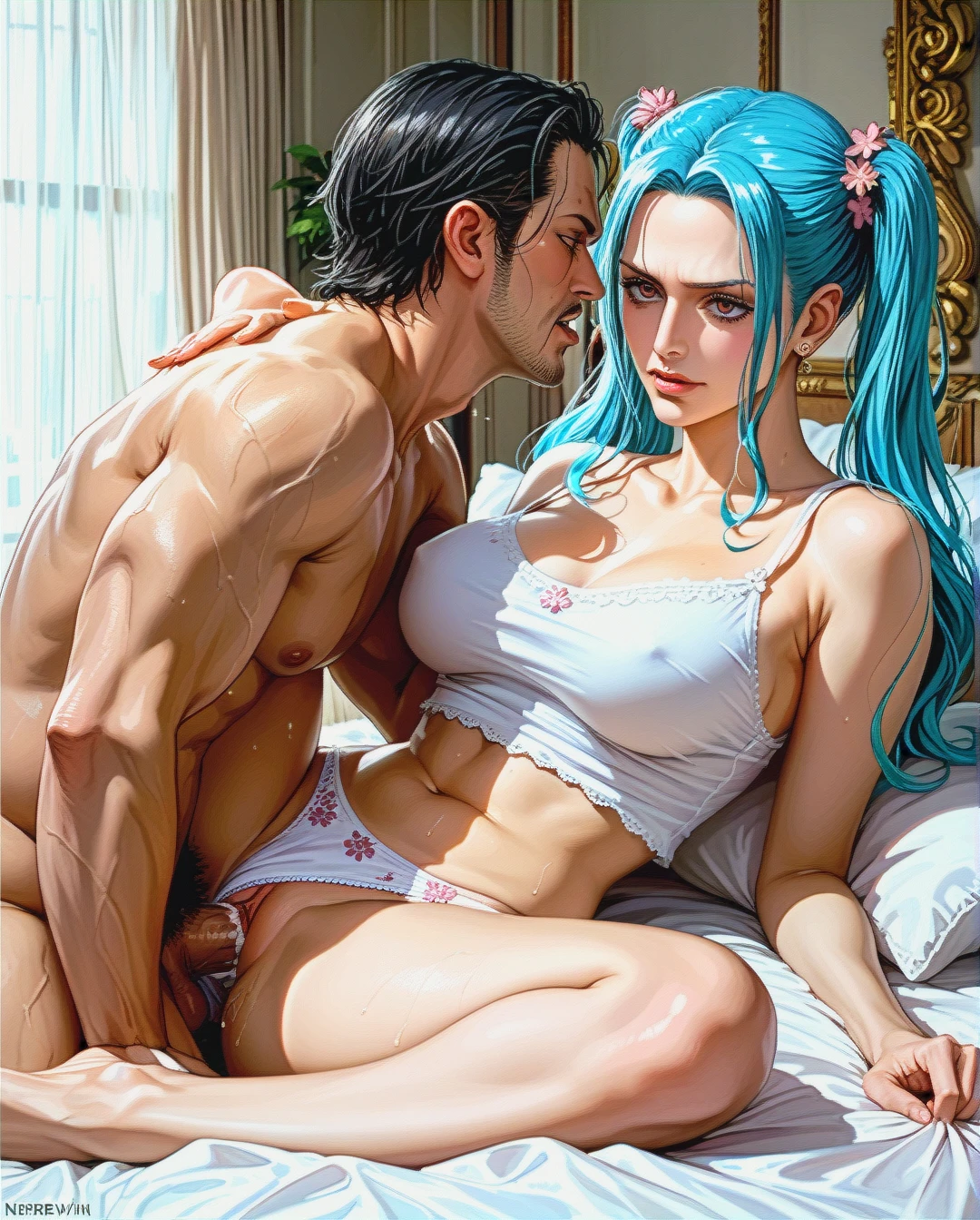 @nefertari_vivi, mature, attack on Titan,  sex sex with oldman, on bed,High Real Realistic Realistic,twintails, medium breast,crop top white camisole pink floral, panties