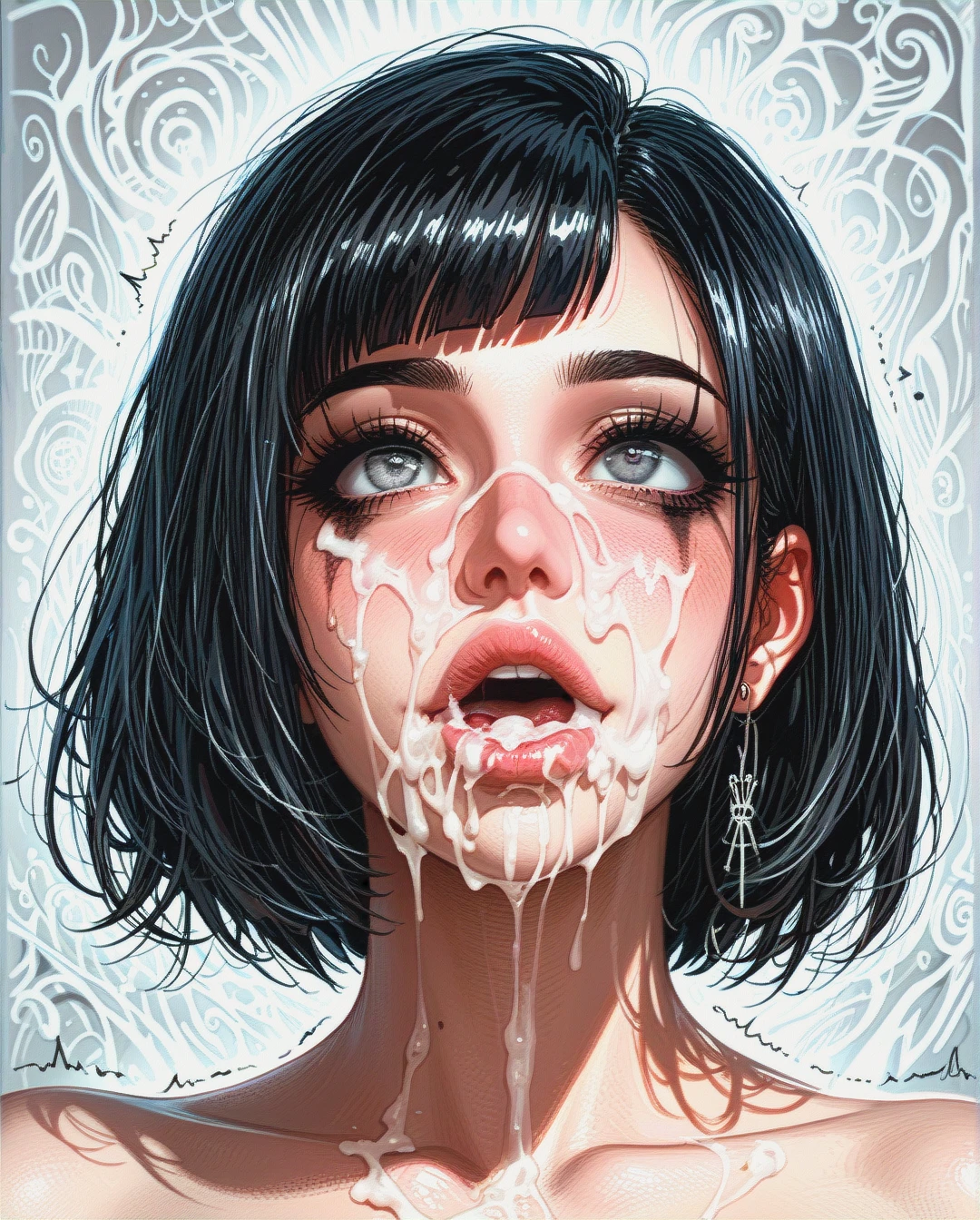 emo girl, emogirl, high quality, no panties, naked pussy, digital painting, best quality, perfect lighting, best shadows, 4k, atmospheric, anime aesthetic, cute tall tall tall, pretty, flirty, black hair, bob cut, gray eyes, thick lips, thick eyeliner, long eyelashes, ahegao, trembling orgasm, slutty makeup, satisfaction, extreme pleasure, lustful face, severe drug intoxication, sexual desire, intesnse orgasm, (portrait:.5), focus on face, face closeup, face, orgasmic face, face close-up, only face, (face only:.8), close face, face frame, only face on frame, pretty face, expressive eyes, beautiful face, anime face, anime eyes, detailed eyes, bimbolips, <lora:akaburStyleLora_akaburAnythingV3Lora:.5>, <lora:BimbolipsV3-000004:.5>, nsfw, crop, top, underboob, navel, midriff, <lora:crop_shirts:.5>  , Gigantic breasts, face full of cum