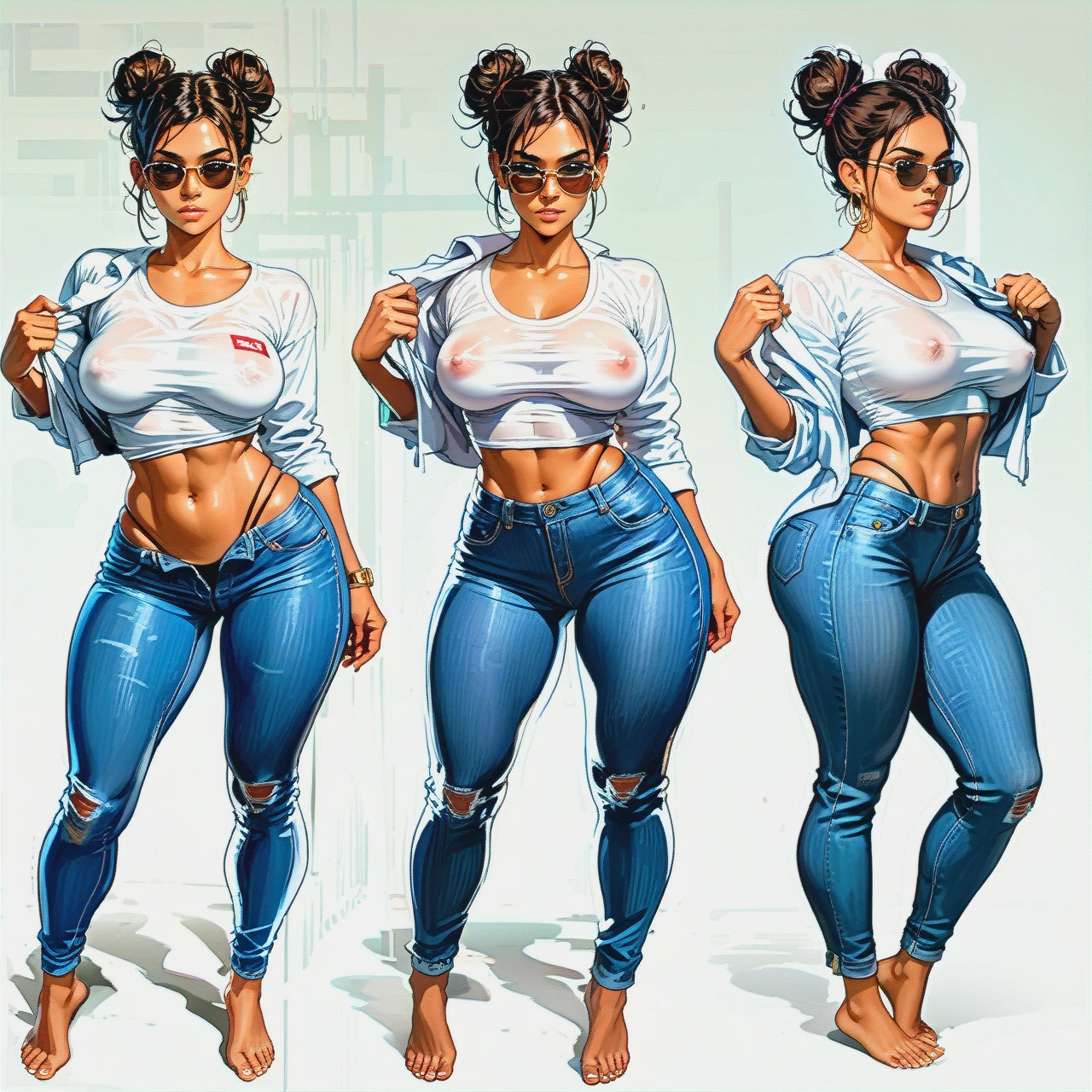 Tight jeans, barefoot, thick hips, tight white shirt, big tits, sunglasses, hair in bun, petite waist,  multiple panels, flashing tits, revealing tits, undressing, latina, tan, tits out, naked tits, thong straps