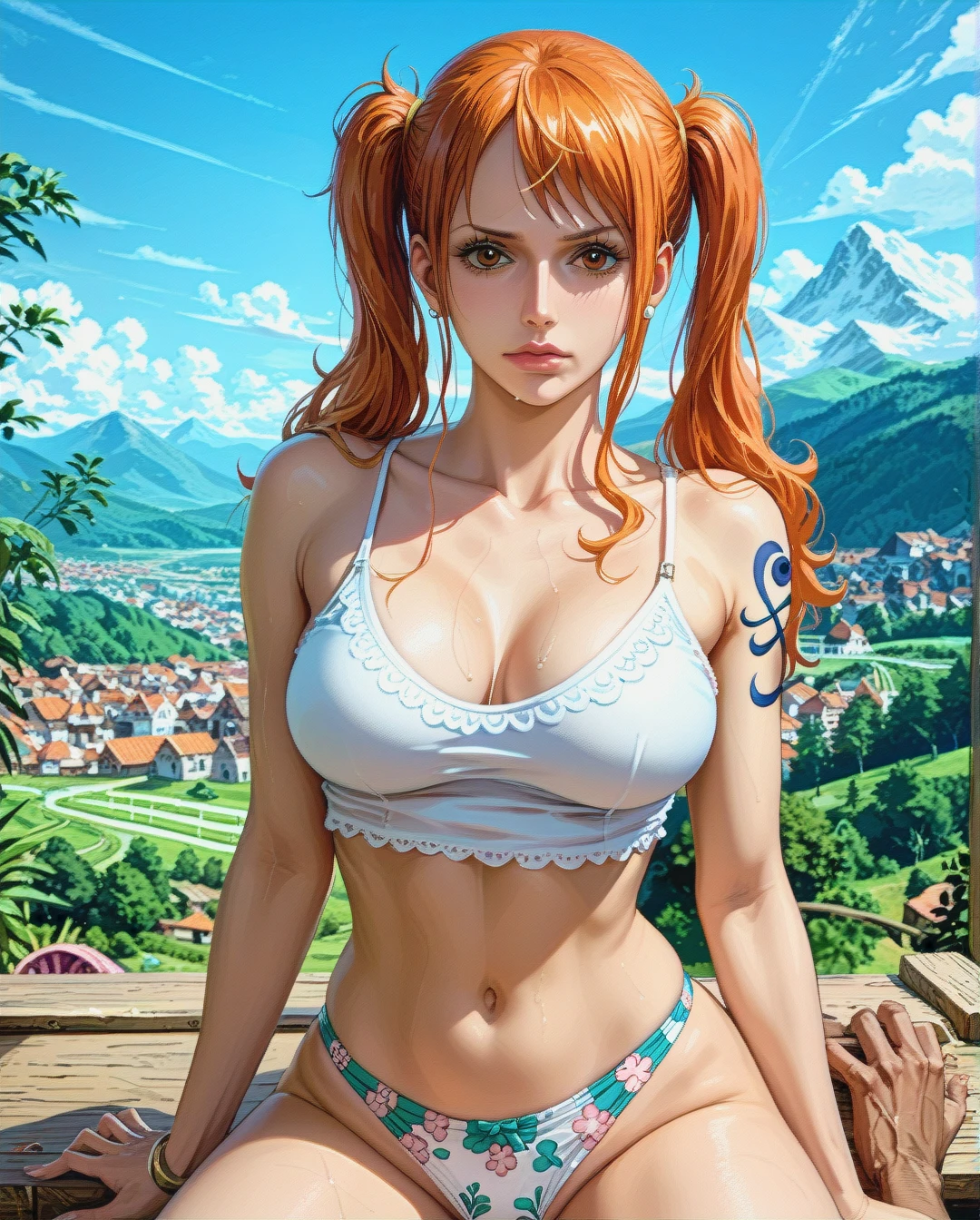 @nami, mature, attack on Titan, sex grabbing grabbed Deeptroat face front, mountain,Face chest focus,High Real Realistic Realistic,twintails, medium breast,crop top white camisole pink floral, panties