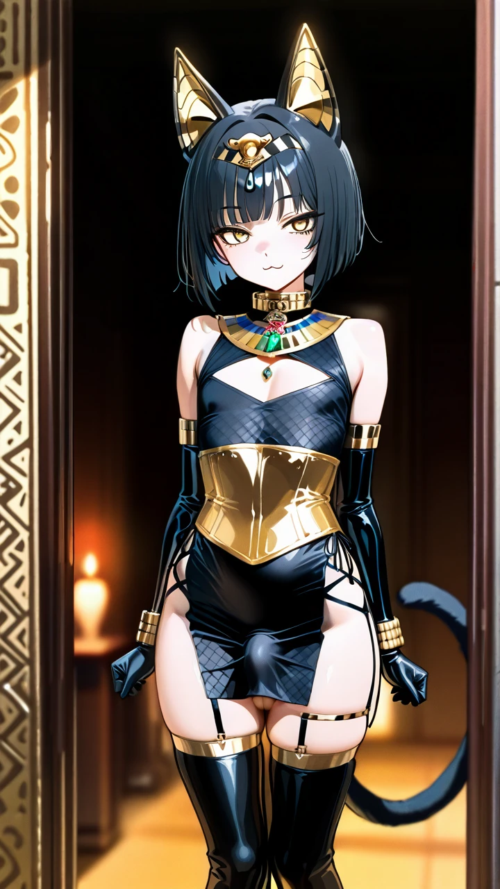 (otoko_no_ko) cat_ears black_hair bob thigh_high_boots golgen_pattern_on_clothes cat_tail Egyptian_clothes collar elbow_gloves :3  golden_pieces_on_dress penis_bulge (yellow_eyes)  jewels_on_head pencil_dress  (cleavage_cutout) (chest_jewel) garter_straps bracelets_on_hands highheels golden_corset