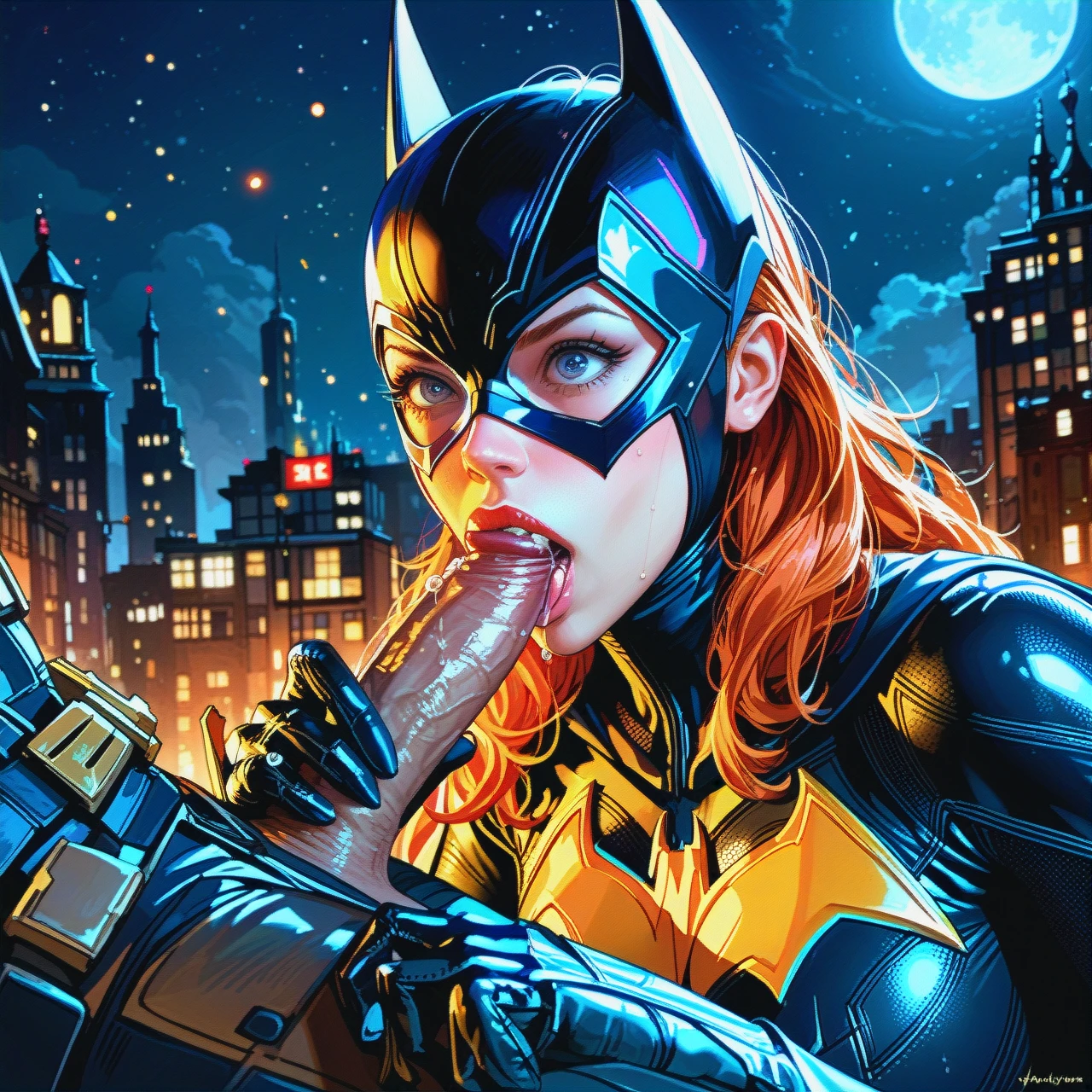 Batgirl, rooftop setting, night, excited, blowjob, precum