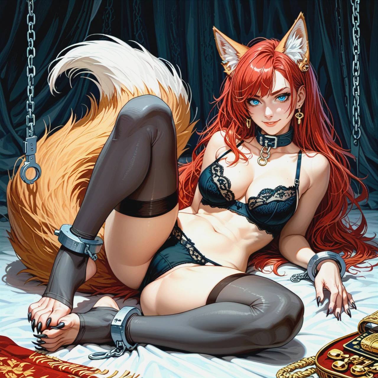 1girl, animal ears, animal feet, animal nose, black bra, black nails, black thighhighs, blue eyes, body fur, bra, breasts, claws, cleavage, collar, earrings, fox ears, fox tail, full body, furry, furry female, gray thighhighs, jewelry, long hair, looking at viewer, lying, medium breasts, navel, panties, red hair, smile, snout, solo, tail, thighhighs, toeless legwear, underwear, white fur, legs shackled, hands shackled, soft handcuffs, bondage handcuffs, legcuffed, handcuffs