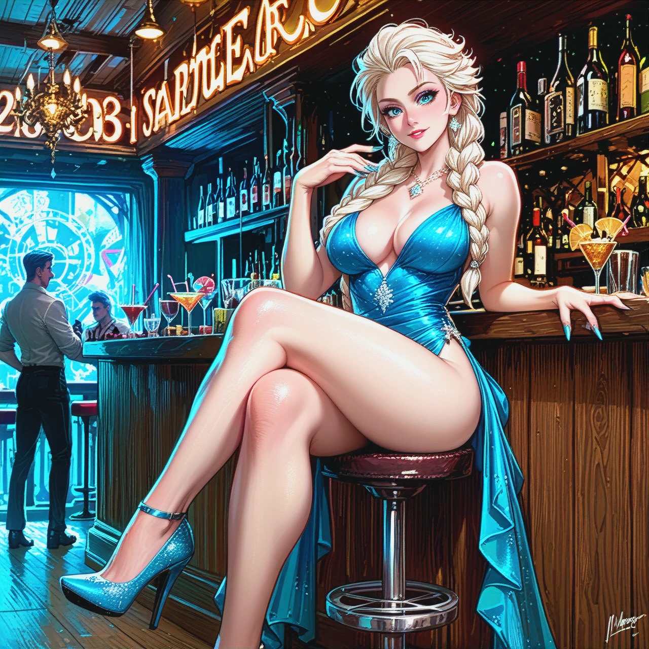 Elsa, braid, beautiful eyes, party dress, busty, cleavage, sitting at bar, crossed legs, heels, thighs