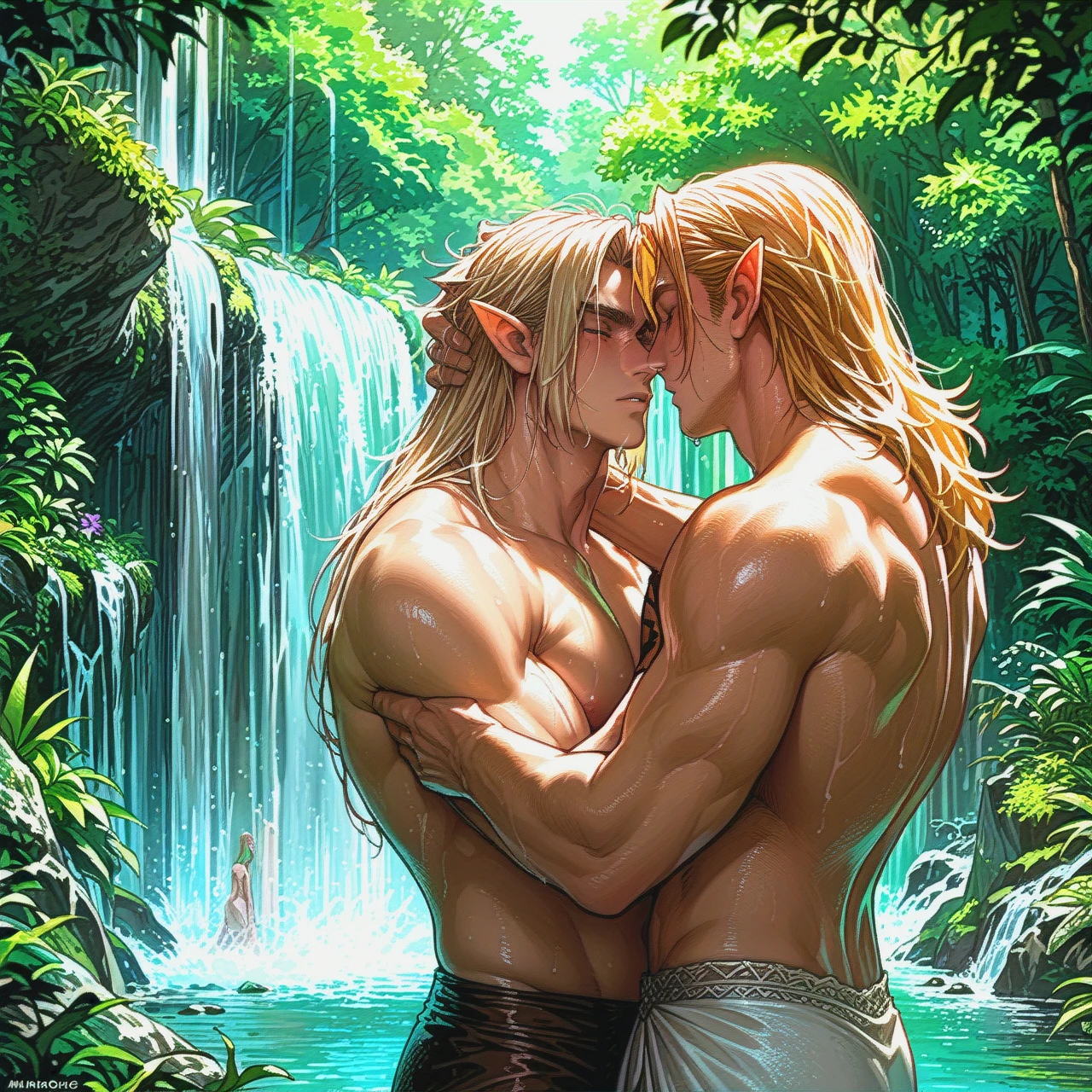 man, elf, long hair, blond hair, muscular man, masculine, waterfall, under a waterfall, washing hair, hand on back of head, waist-deep, forest in the background, sunlight