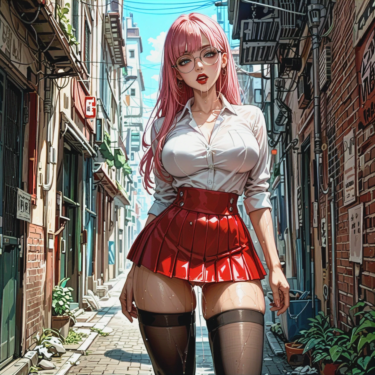 girl with cute face, straight long pink hair, red lipstick, round eyeglasses, big breasts, teen, skinny body, grey eyes, narrow waist, wide hips, abs, white shirt, red school microskirt, suspender, high long boots, black thigh highs, no panties, spit string drooling from mouth, pussy wet, string grool from pussy, slut, horny, seductive, alley, (sex_from_behind)