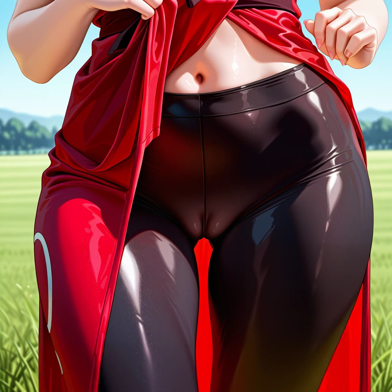 Sakura @haruno_sakura dressed in a typical clothes from Naruto tight -fitting black leggings in the vagina area bare vagina a red dressing gown with white strokes on the field with grass  tight -fitting black leggings in the vagina area, a red dressing