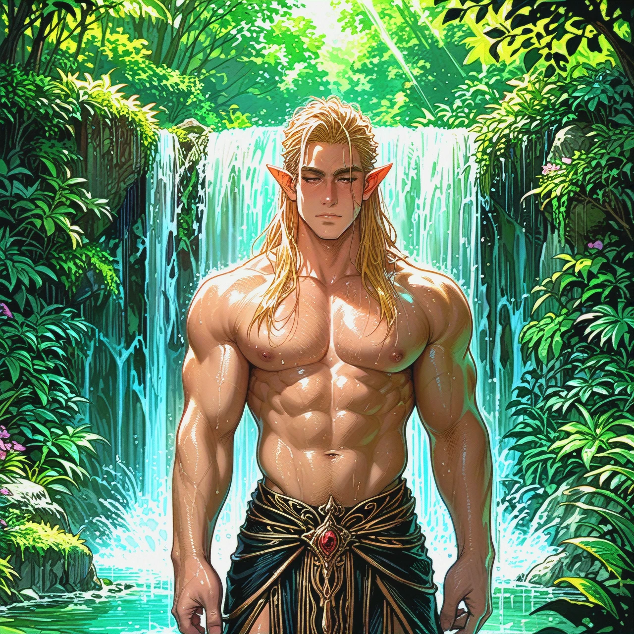 elf, long hair, blond hair, muscular man, masculine, waterfall, under a waterfall, washing hair, waist-deep, forest in the background, sunlight