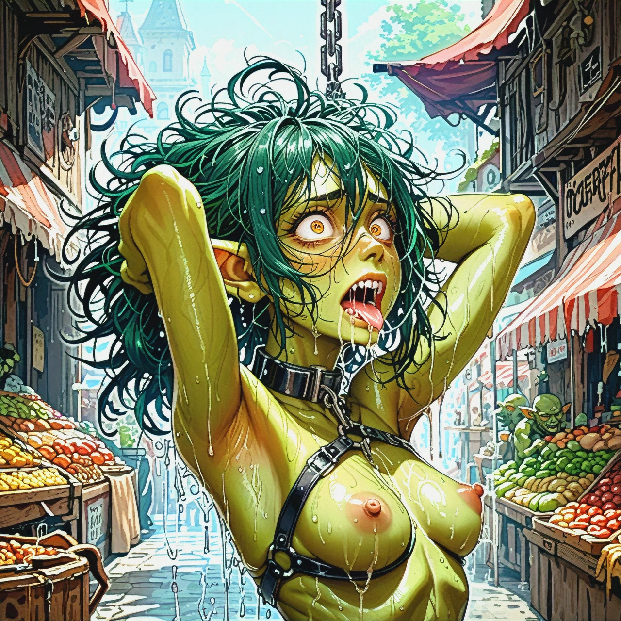 a female goblin fucked, at a market, leather straps, collar and chains, messy hair, arched back, orgasm, green skin, arms above head, yellow eyes, large ears, dark green hair, wet hair, (oily skin:1.3), wet body, squirting, sweating, drooling, excessive drooling, drooping ears, (large eyes:1.3), side view, sharp teeth, mouth agape