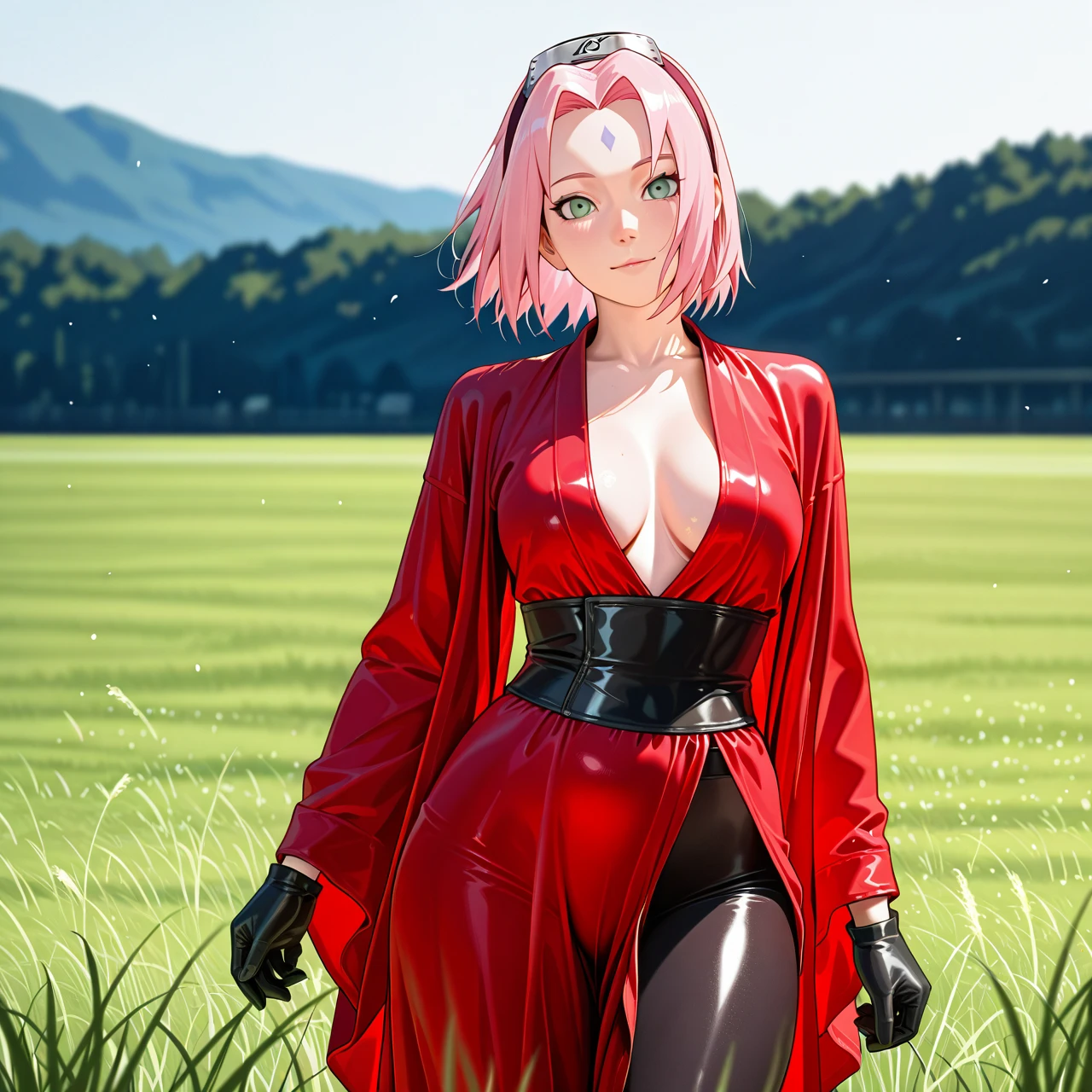 Sakura @haruno_sakura dressed in a typical clothes from Naruto anime stands with his back to the viewer, turning his head back, the ass is visible on the field with grass in the sky, the sun is shining, tight -fitting black leggings in the vagina area, a red dressing gown with white strokes is visible chest, metal bandage on the head, black gloves