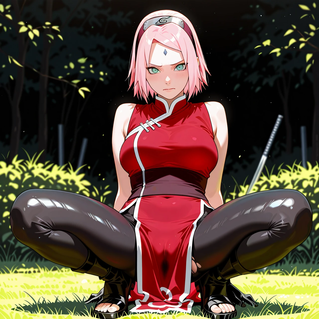 Sakura @haruno_sakura dressed in a typical Anime clothes, Naruto, squatting on the grass, serious face, is dressed in tight -fitting black leggings torn in the vagina area, a red robe with white rims naked Boobs, a metal bandage on the head, black gloves