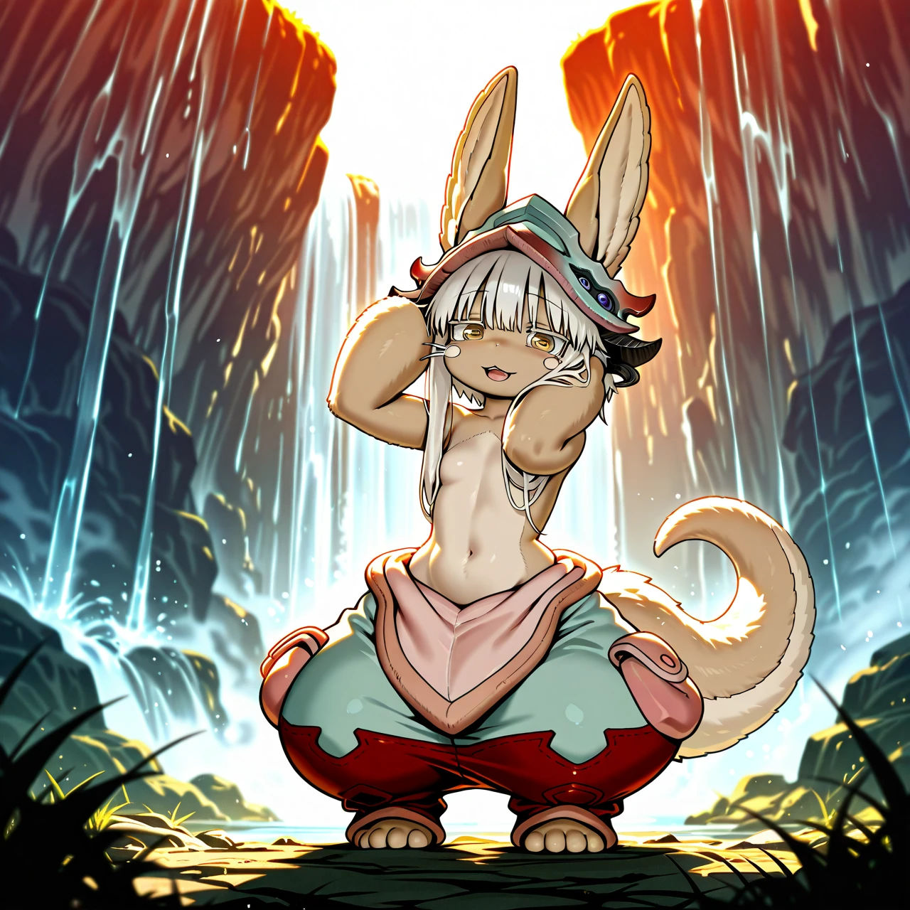 made in abyss anime, furry, @nanachi, cat soles with toes are visible, red dawn, waterfall in the back, big fluffy tail, extreme big hips, covering breast with hands, (hair_tucking), genital area covered, (curvy)