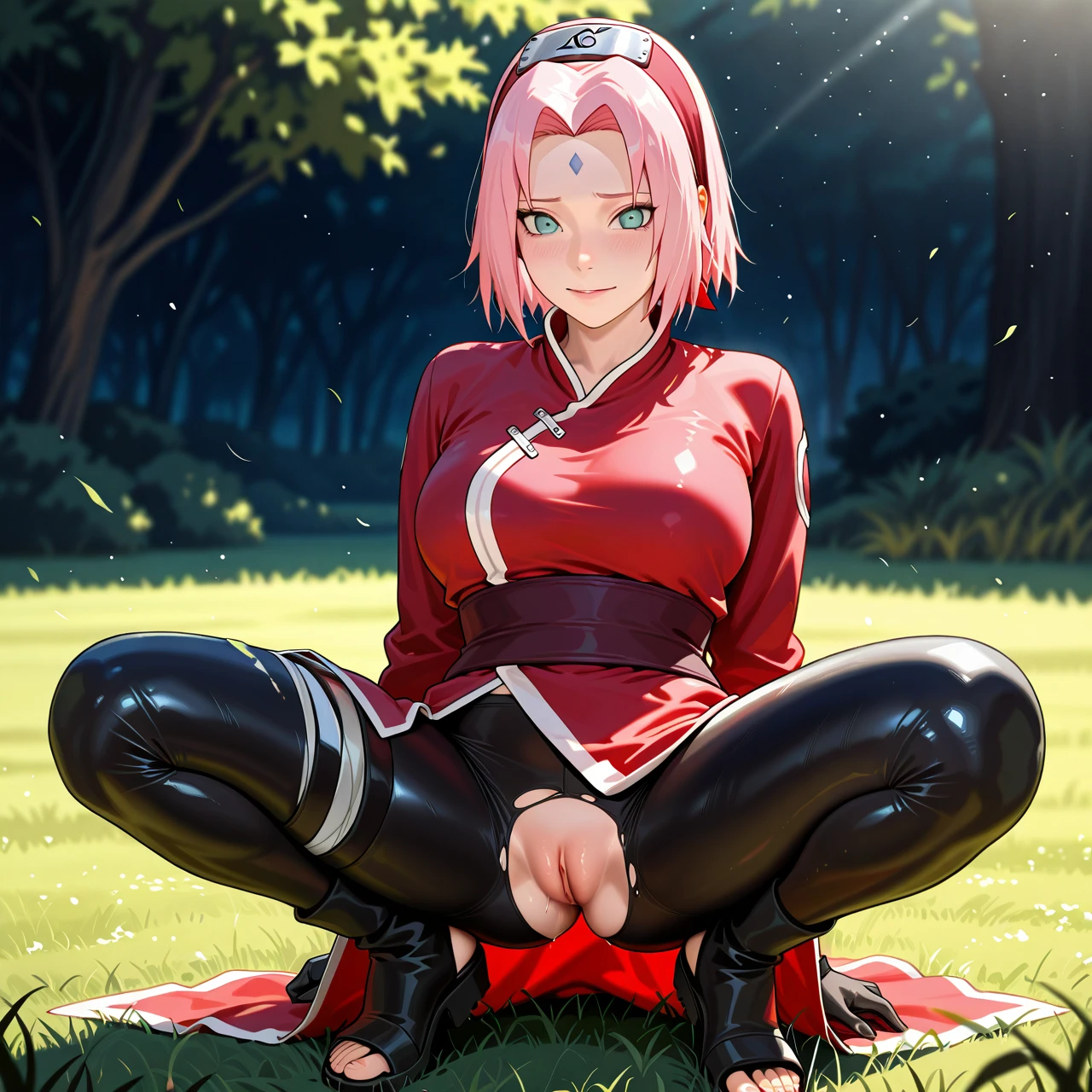 Sakura @haruno_sakura dressed in a typical Anime clothes, Naruto, squatting on the grass, is dressed in tight -fitting black leggings torn in the vagina area, a red robe with white rims naked Boobs, a metal bandage on the head, black gloves