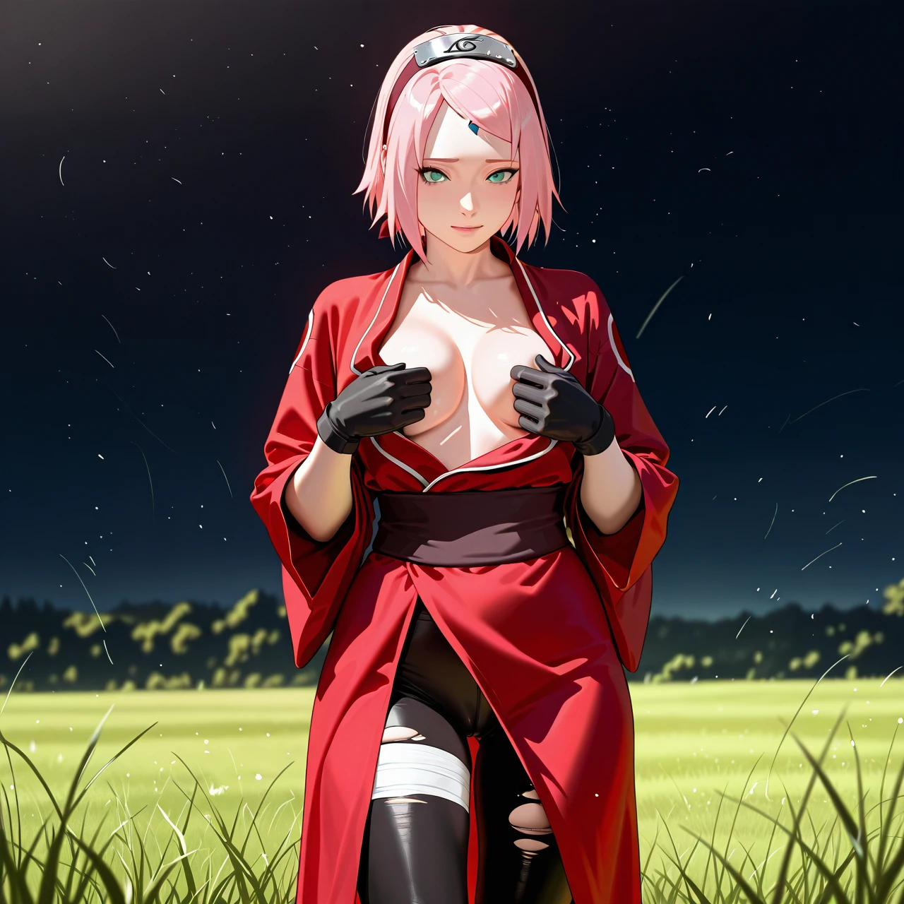 Sakura @haruno_sakura dressed in a typical clothing from the anime Naruto looks in a distance, turning his head back on the field with grass in the sky, the sun is shining, tight -fitting black leggings torn in the vagina area, a red robe with white strokes, unfastened chest, metal bandage on the head, black gloves, black gloves