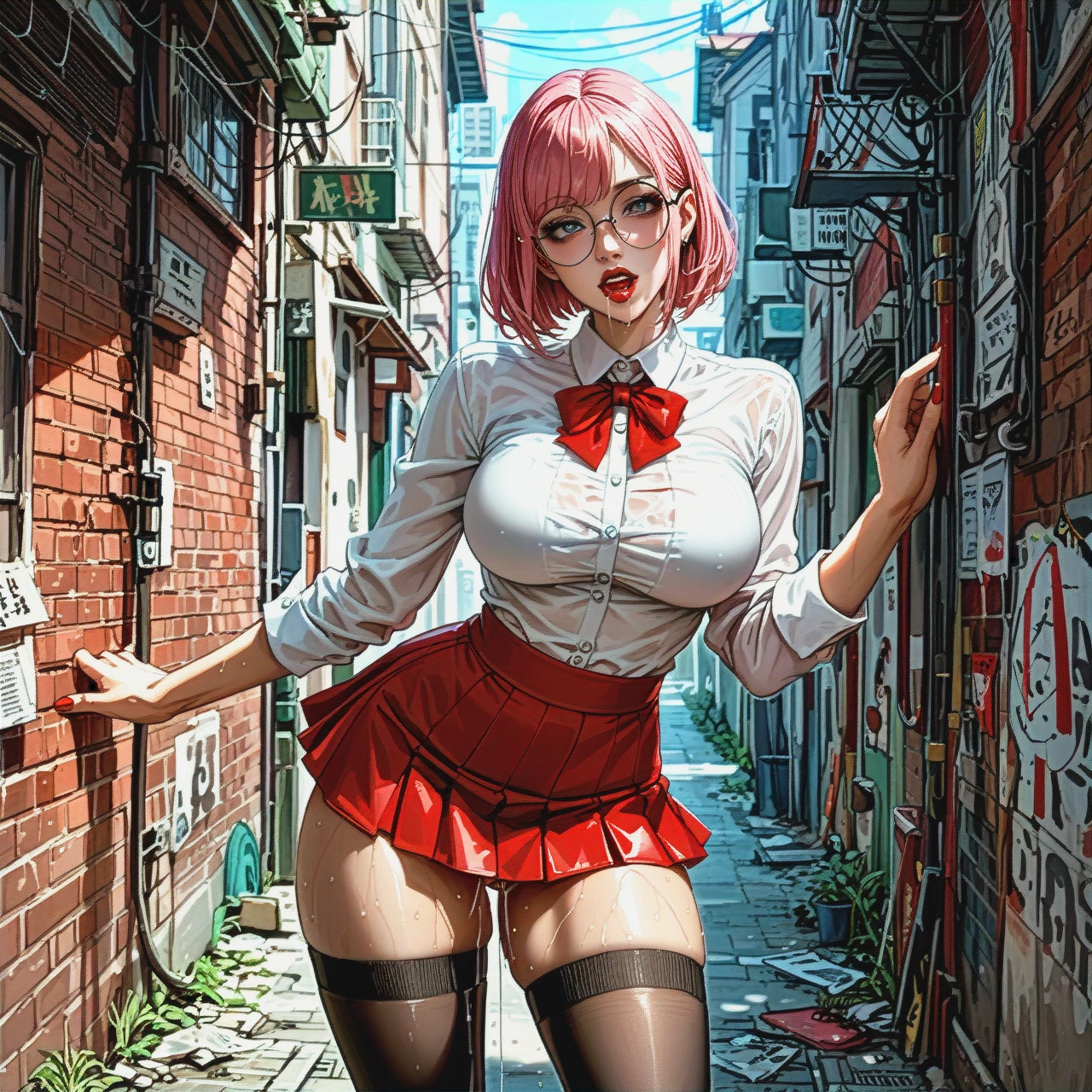 girl with cute face, straight long pink hair, red lipstick, round eyeglasses, big breasts, teen, skinny body, grey eyes, narrow waist, wide hips, abs, white shirt, red school microskirt, suspender, high long boots, black thigh highs, no panties, spit string drooling from mouth, pussy wet, string grool from pussy, slut, horny, seductive, alley, (sex_from_behind), man fuck her in pussy