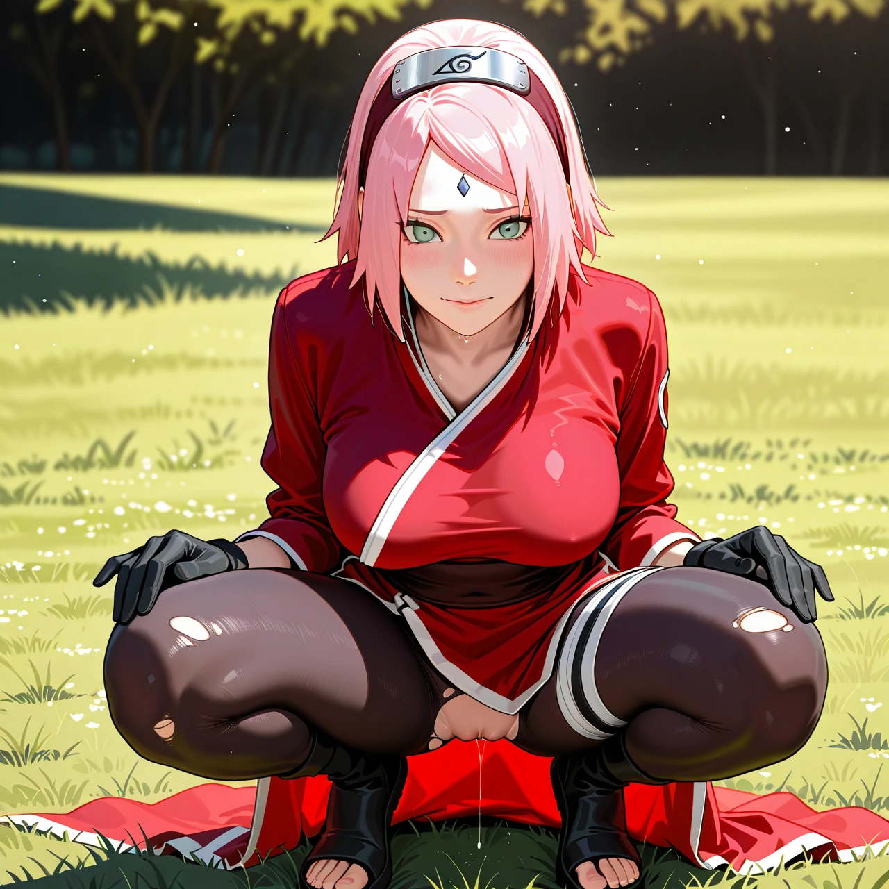 Sakura @haruno_sakura dressed in a typical Anime clothes, Naruto, squatting on the grass, is dressed in tight -fitting black leggings torn in the vagina area, a red robe with white rims naked Boobs, a metal bandage on the head, black gloves