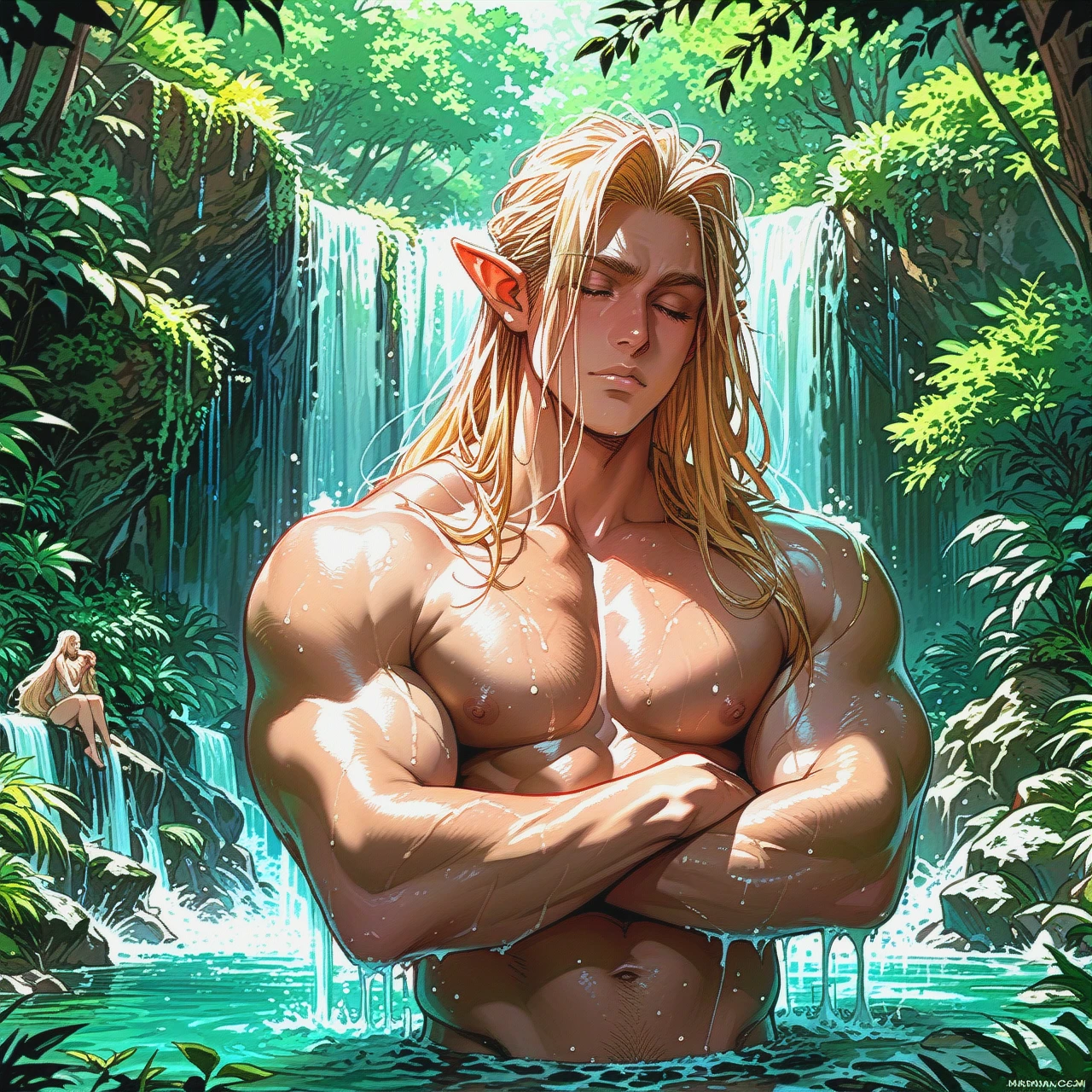 elf, long hair, blond hair, muscular man, masculine, waterfall, under a waterfall, washing hair, eyes closed, waist-deep, forest in the background, sunlight