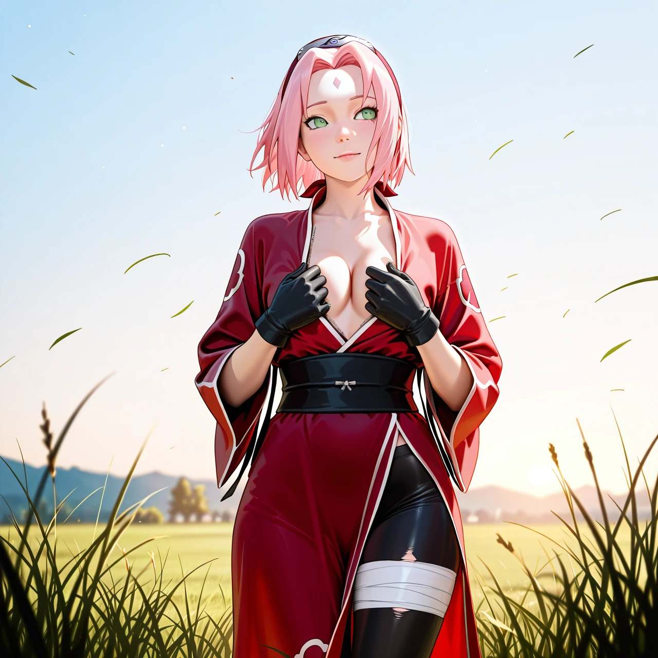 Sakura @haruno_sakura dressed in a typical clothing from the anime Naruto looks in a distance, turning his head back on the field with grass in the sky, the sun is shining, tight -fitting black leggings torn in the vagina area, a red robe with white strokes, unfastened chest, metal bandage on the head, black gloves, black gloves