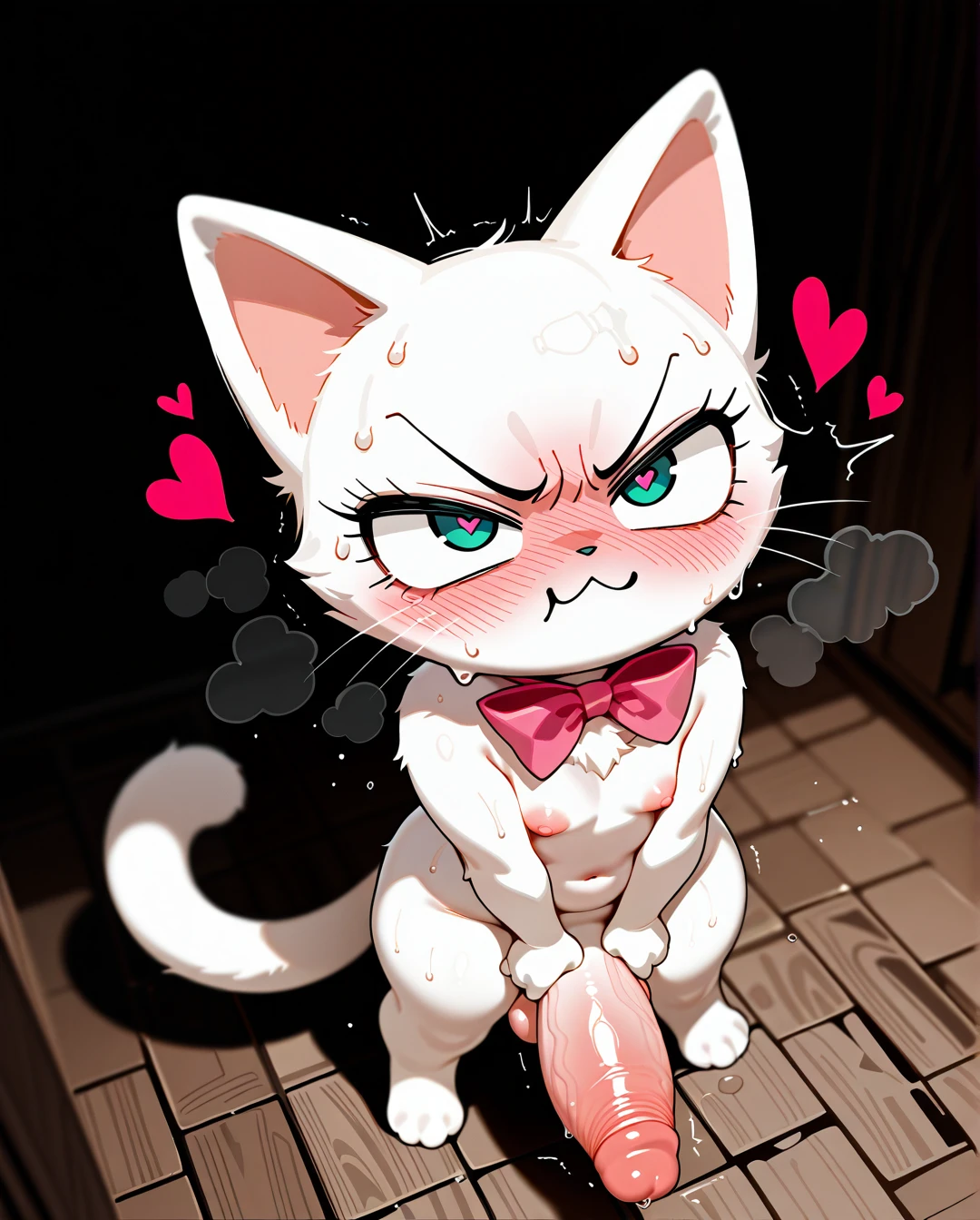 1furry, full-view, (angry),:3 , standing,giant penis, visible balls, anthro cat, white fur, pink bow tie, blushing, sweat droplets, tail, cartoon style, digital art, cute expression, provocative pose, heart symbols, glistening skin, sexy.