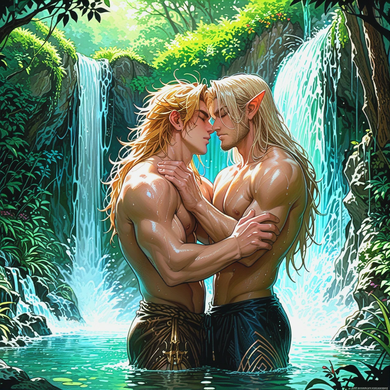 1man, elf, long hair, blond hair, muscular man, masculine, waterfall, under a waterfall, washing hair, eyes closed, waist-deep, forest in the background, sunlight