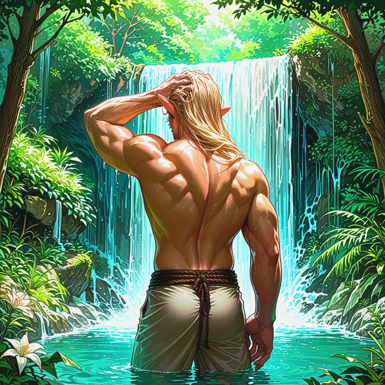 man, elf, long hair, blond hair, muscular man, masculine, waterfall, under a waterfall, washing hair, hand on back of head, waist-deep, forest in the background, sunlight