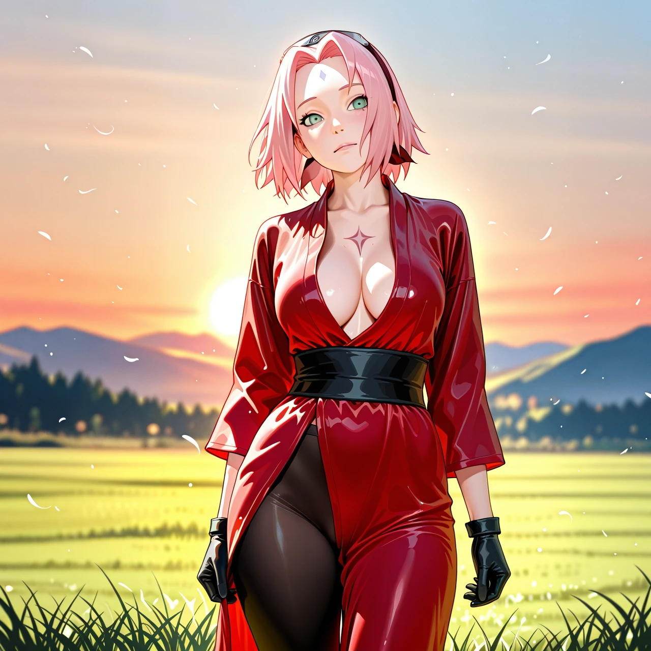 Sakura @haruno_sakura dressed in a typical clothes from Naruto naked vagina naked boobs stands with his back to the viewer, turning his head back, the ass is visible on the field with grass in the sky, the sun is shining, tight -fitting black leggings in the vagina area, a red dressing gown with Sakura @haruno_sakura dressed in a typical clothes from Naruto anime stands with his back to the viewer, turning his head back, the ass is visible on the field with grass in the sky, the sun is shining, tight -fitting black leggings in the vagina area, a red dressing gown with white strokes is visible chest, metal bandage on the head, black gloves strokes is visible chest, metal bandage on the head, black gloves