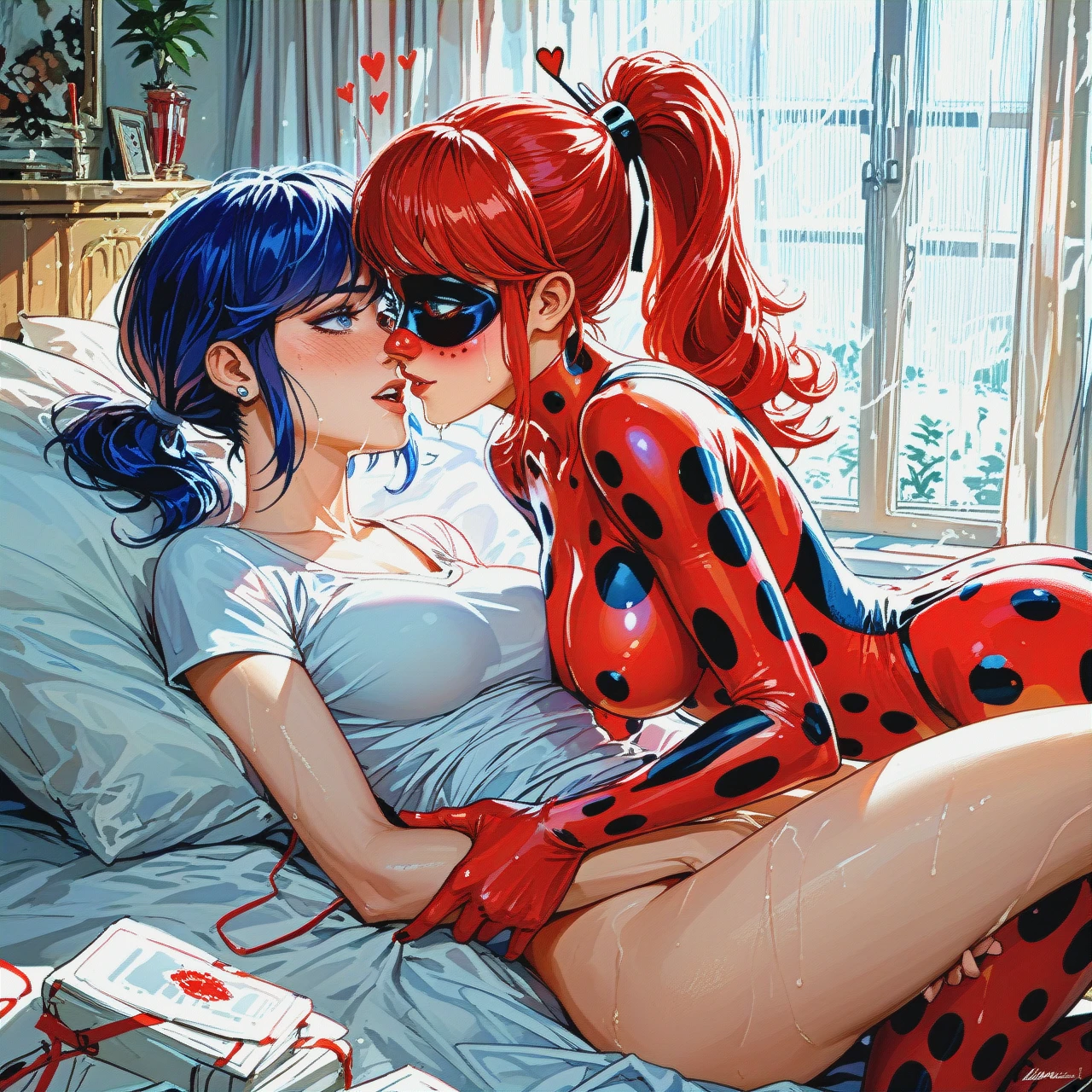 Marinette dupain-cheng from miraculous ladybug, dark-blue-hair, Chloe bourgeois from miraculous ladybug, ponytail, lesbian sex, fingering, 2girls