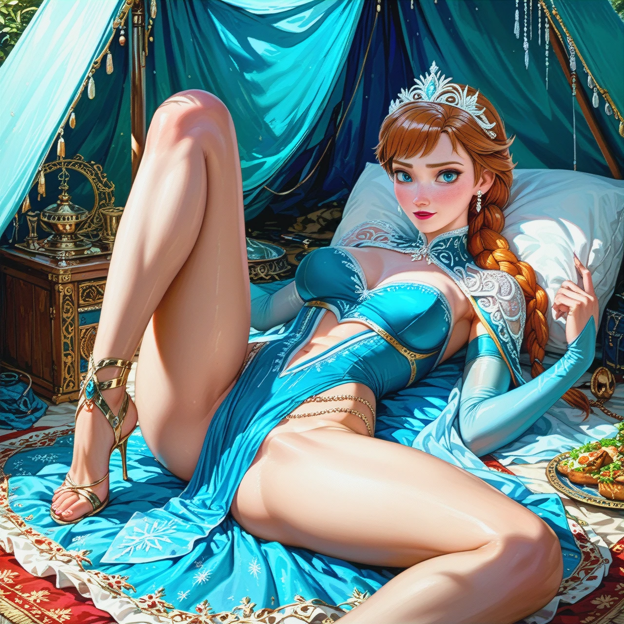 @anna ,  lying, perfect body, tent, (legs_apart) , harem outfit