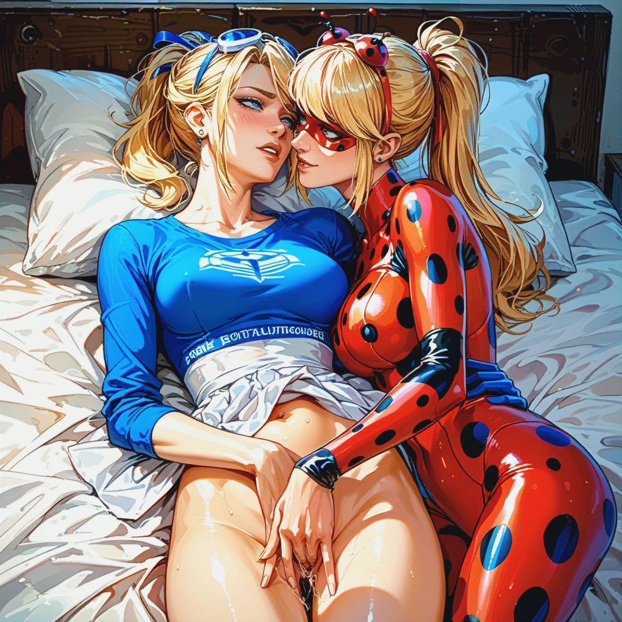 Marinette dupain-cheng from miraculous ladybug, dark-blue-hair, Chloe bourgeois from miraculous ladybug, blonde, ponytail, lesbian sex, fingering, 2girls