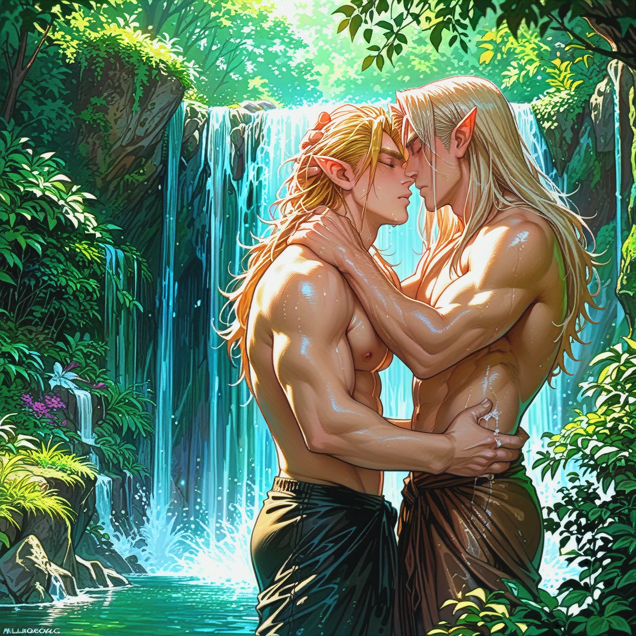 man, elf, long hair, blond hair, muscular man, masculine, waterfall, under a waterfall, washing hair, eyes closed, waist-deep, forest in the background, sunlight