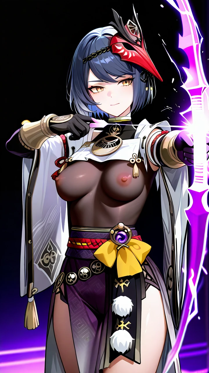 Kujou Sara,pale purple kimono, purple longbow, aiming, silent happy emotion, arrow,thunder imbued arrow,archery armor, medium breasts,very slim body,black bodysuit underneath,see through breasts, pointed nipples,