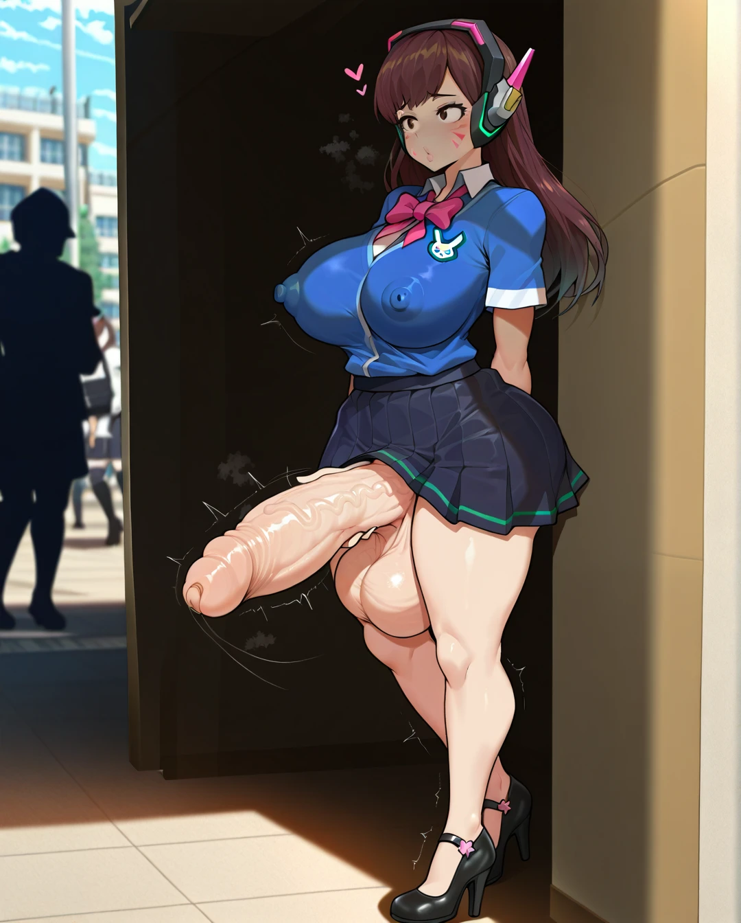 @d.va, (large_breasts), thick lips, wide hips, curvy, puffy nipples, futanari, huge penis, huge testicles, (stealth_futanari_masturbation:1.7), schoolgirl uniform, school, heels, covered nipples, (from_side), (public_indecency:1.7), sinensian