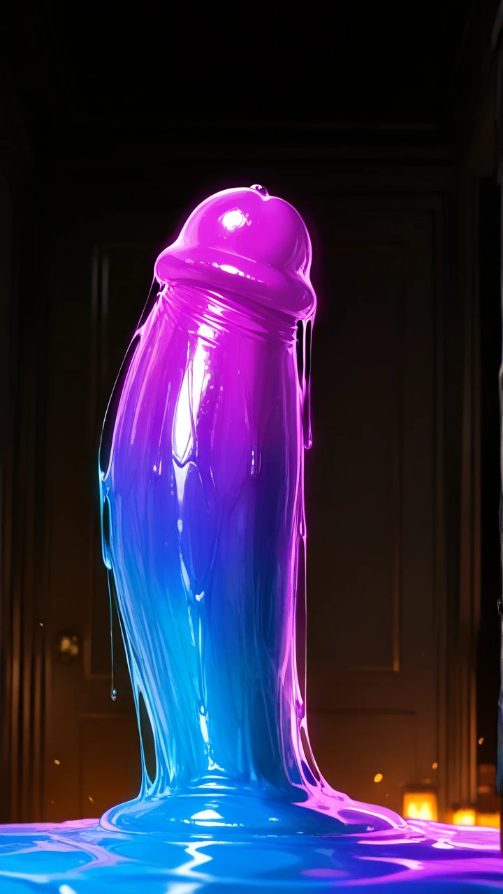 slime woman suck a man's cock, the body of the slime is slightly transparent, the body of the slime shimmers with several colors, background - room is dark