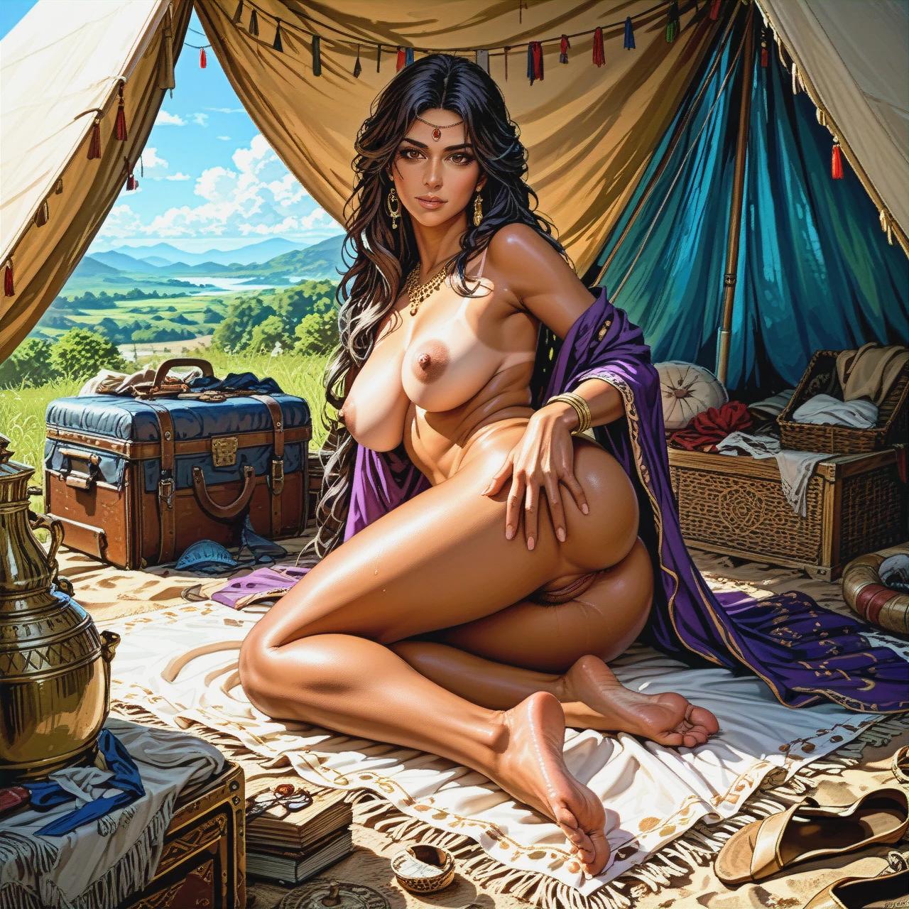 A woman, gypsy, looking on viewer, long dress, (bra_removed), nipples, feet, toes, tent, dark atmosphere, tanned skin, brown eyes, detailed, hires, best quality, 8k, butt, (mature_female), soles, clitoris, pubic long hair, (undressing), haired pussy, long hair,