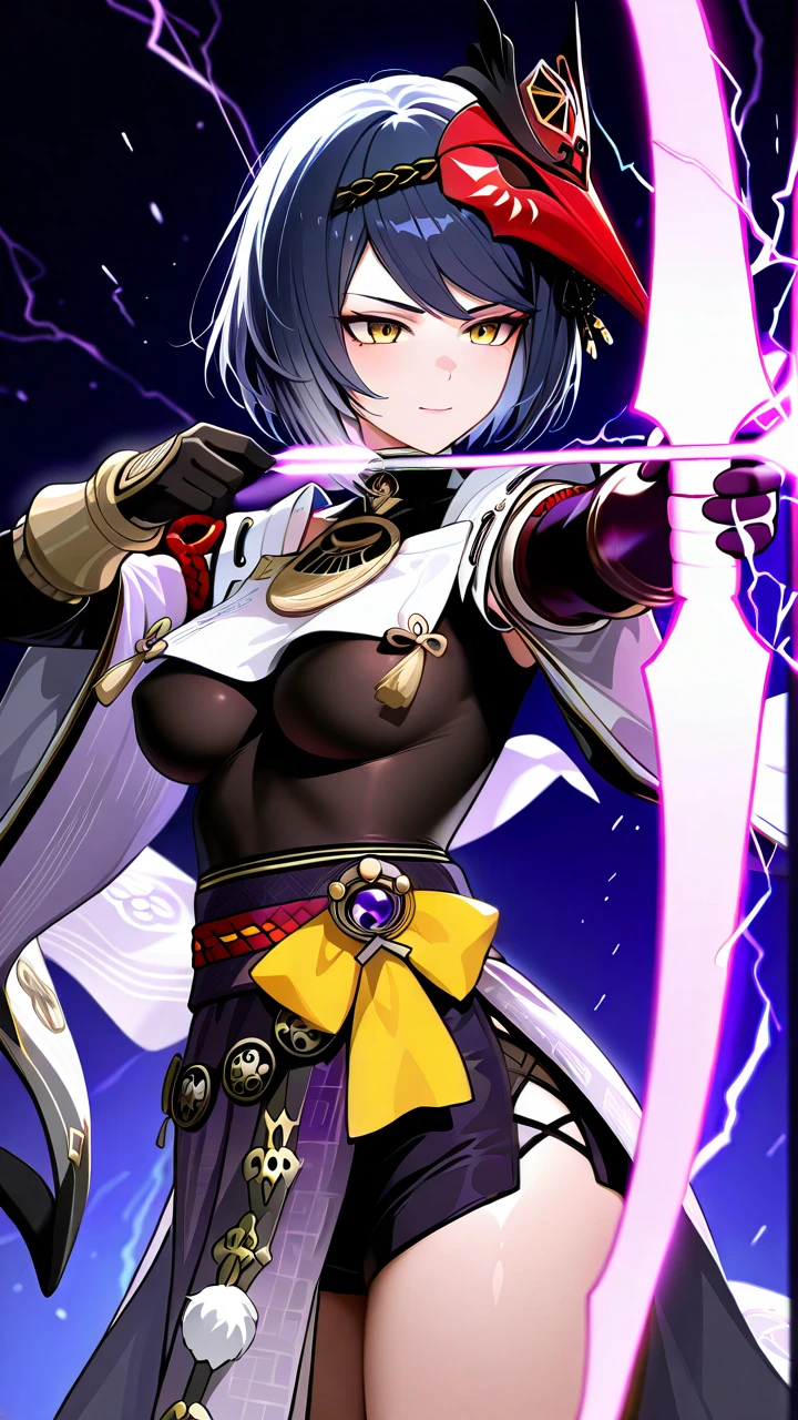 Kujou Sara,pale purple kimono, purple longbow, aiming, silent happy emotion, arrow,thunder imbued arrow,archery armor, medium breasts,very slim body,black bodysuit underneath, breasts visible,