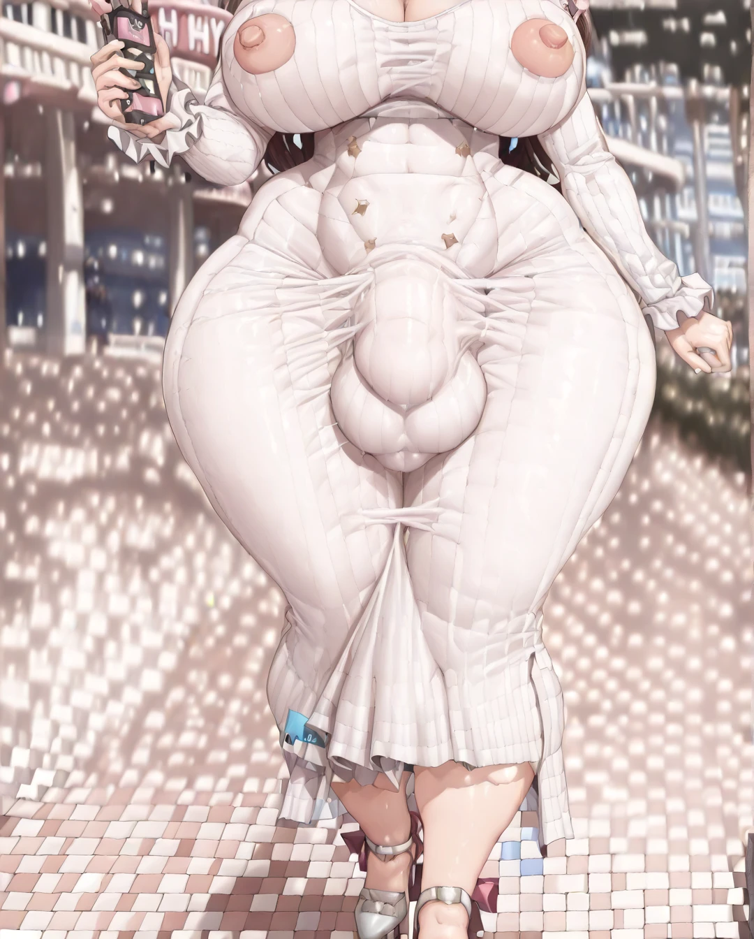 @d.va, (large_breasts), thick lips, wide hips, curvy, puffy nipples, (hyper_futa:1.7), (long_bulge:1.7), long sleeves dongtan dress, covered nipples, heels, park, walking, sinensian