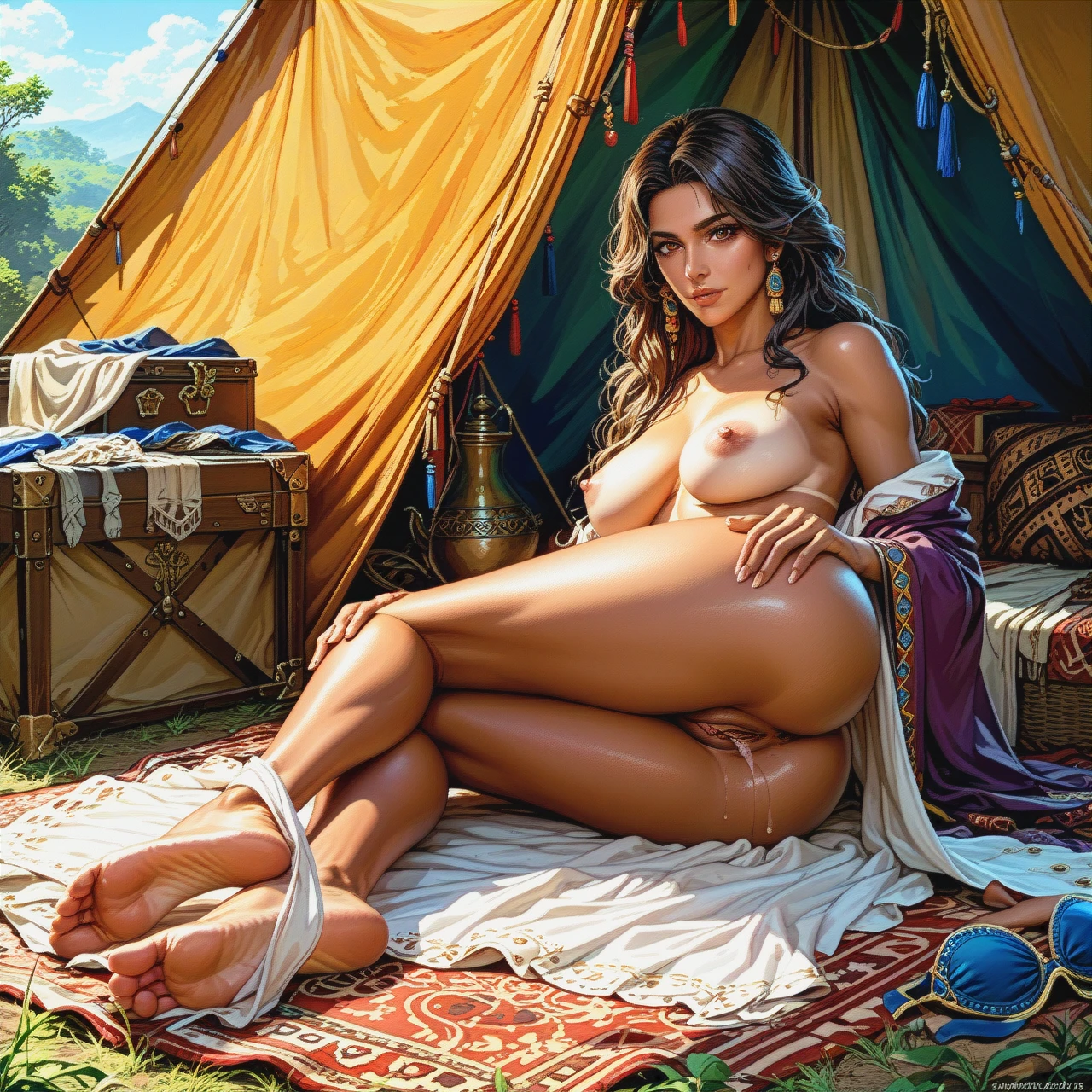 A woman, gypsy, looking on viewer, long dress, (bra_removed), nipples, feet, toes, tent, dark atmosphere, tanned skin, brown eyes, detailed, hires, best quality, 8k, butt, (mature_female), soles, clitoris, pubic long hair, (undressing), haired pussy, long hair,