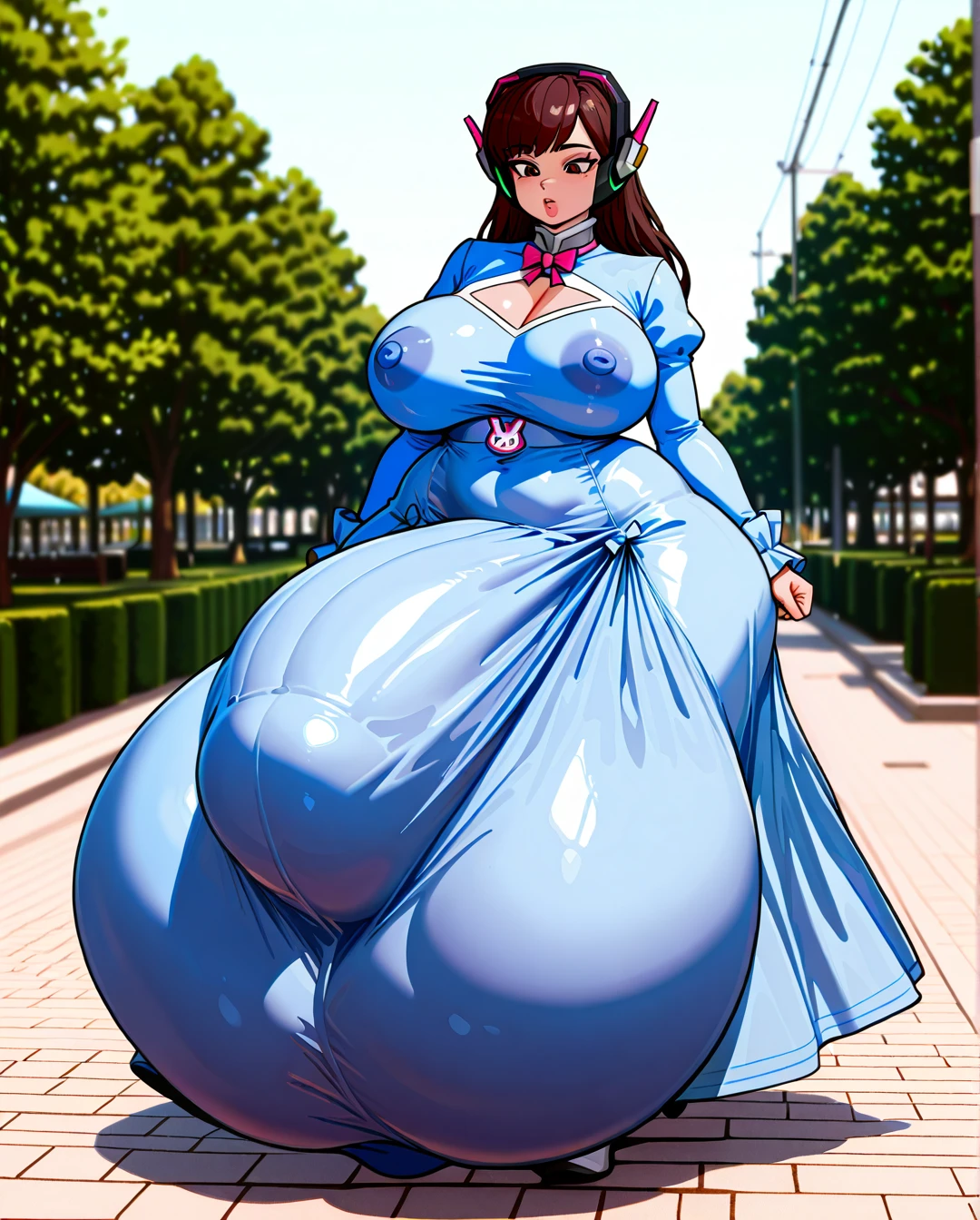 @d.va, (large_breasts), thick lips, wide hips, curvy, puffy nipples, (hyper_futa:1.7), (gigantic_bulge:1.7), long sleeves dangton dress, covered nipples, park, walking, (flat_color:1.7)