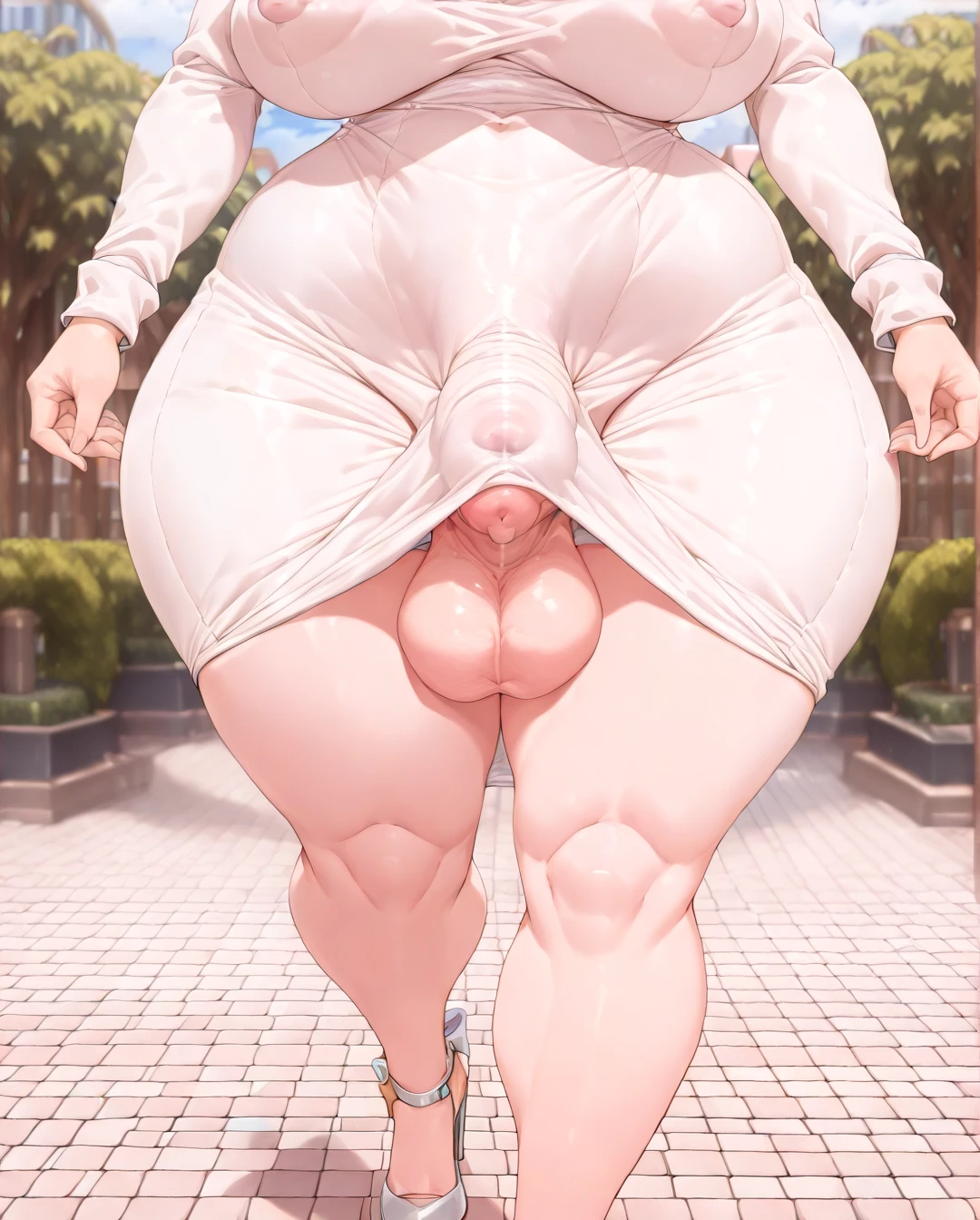 @d.va, (large_breasts), thick lips, wide hips, curvy, puffy nipples, (hyper_futa:1.7), (penis_under_clothes:1.7), (testicles_under_clothes:1.7), long sleeves dongtan dress, covered nipples, heels, park, walking, sinensian