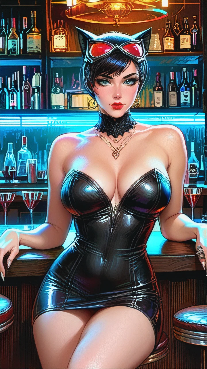 Catwoman, beautiful eyes, busty, cleavage, sexy black dress, thighs, sitting at bar