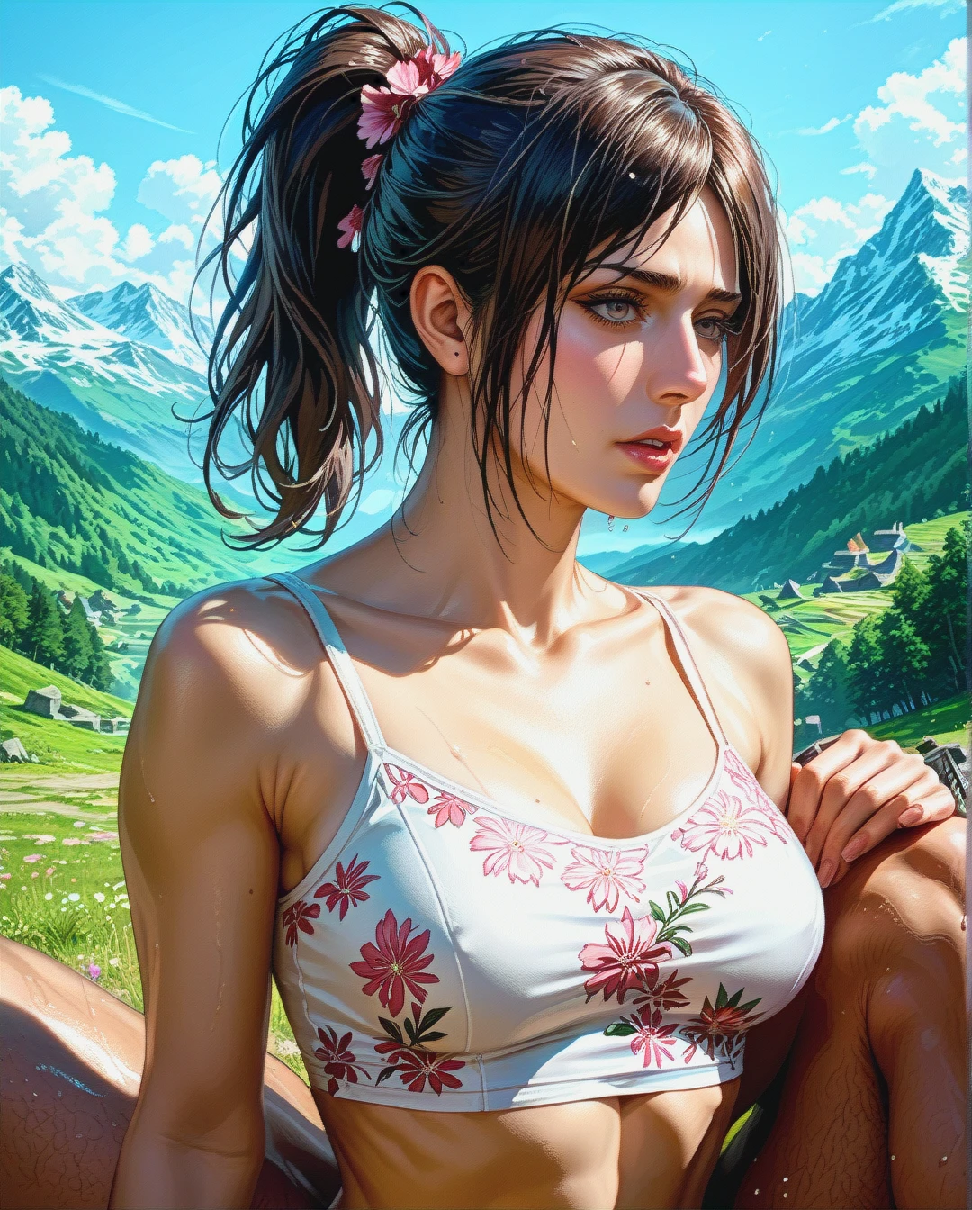 Sarada, mature, attack on Titan, sex sex penetrated, mountains,,High Real Realistic Realistic, ponytail ponytail, medium breast,crop top white camisole pink floral,